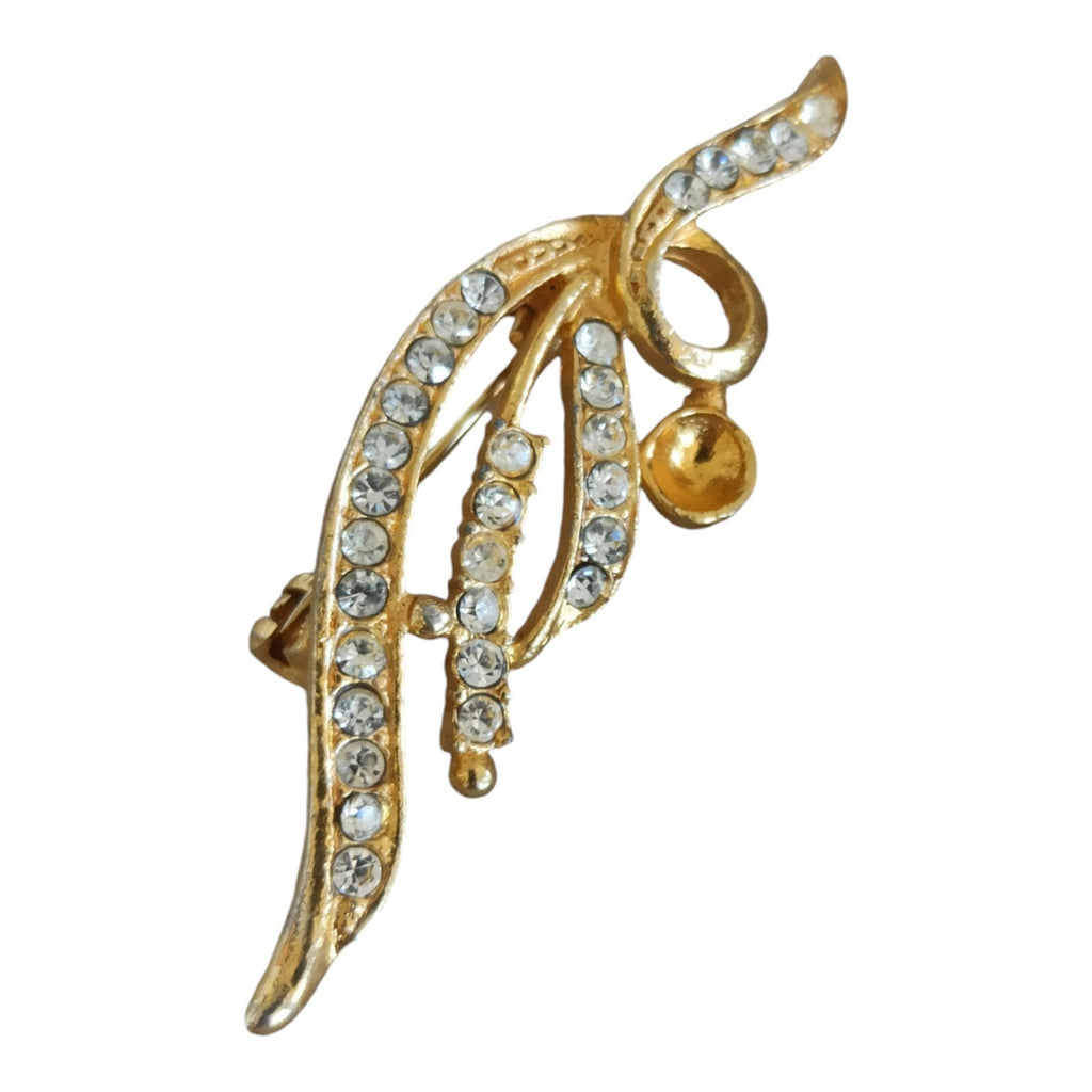 Broche vintage dorée strass, bijou rétro feuille stylisée métal doré