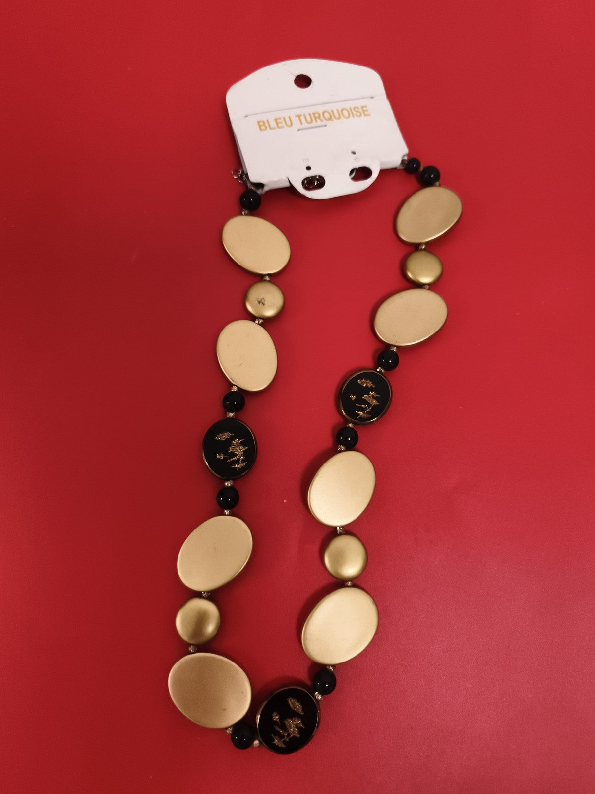 Collier vintage Bleu Turquoise doré noir médaillons ovales deadstock