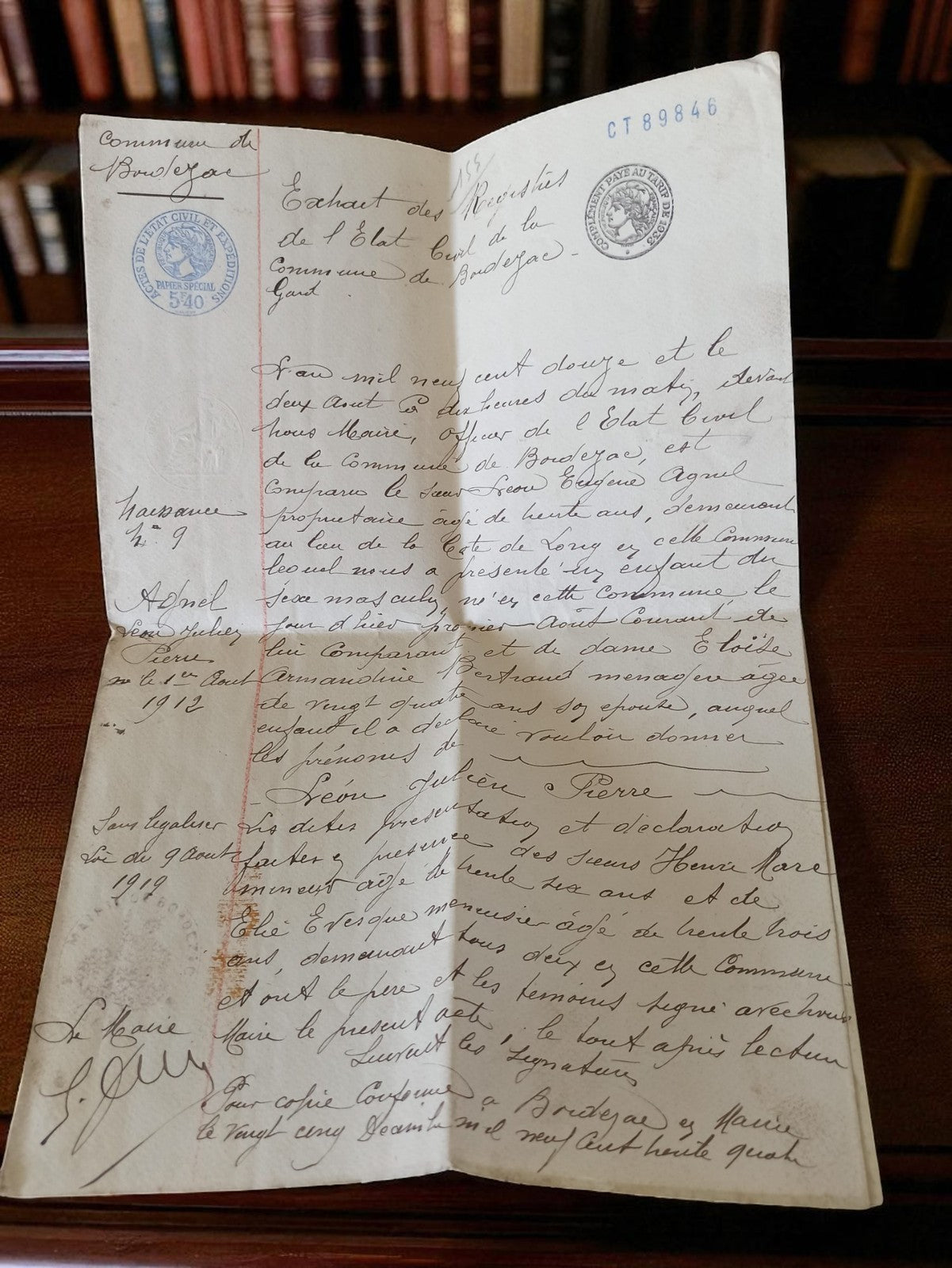 Document ancien état civil Bouzigues 1912 manuscrit officiel vintage rétro