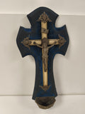 Ancien bénitier Art Nouveau croix murale bleu décor laiton Christ religieux