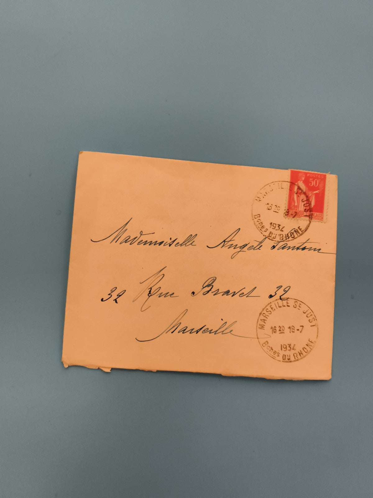 Lettre ancienne oblitérée 1934 Marseille timbre 50c philatélie (Ref 3)