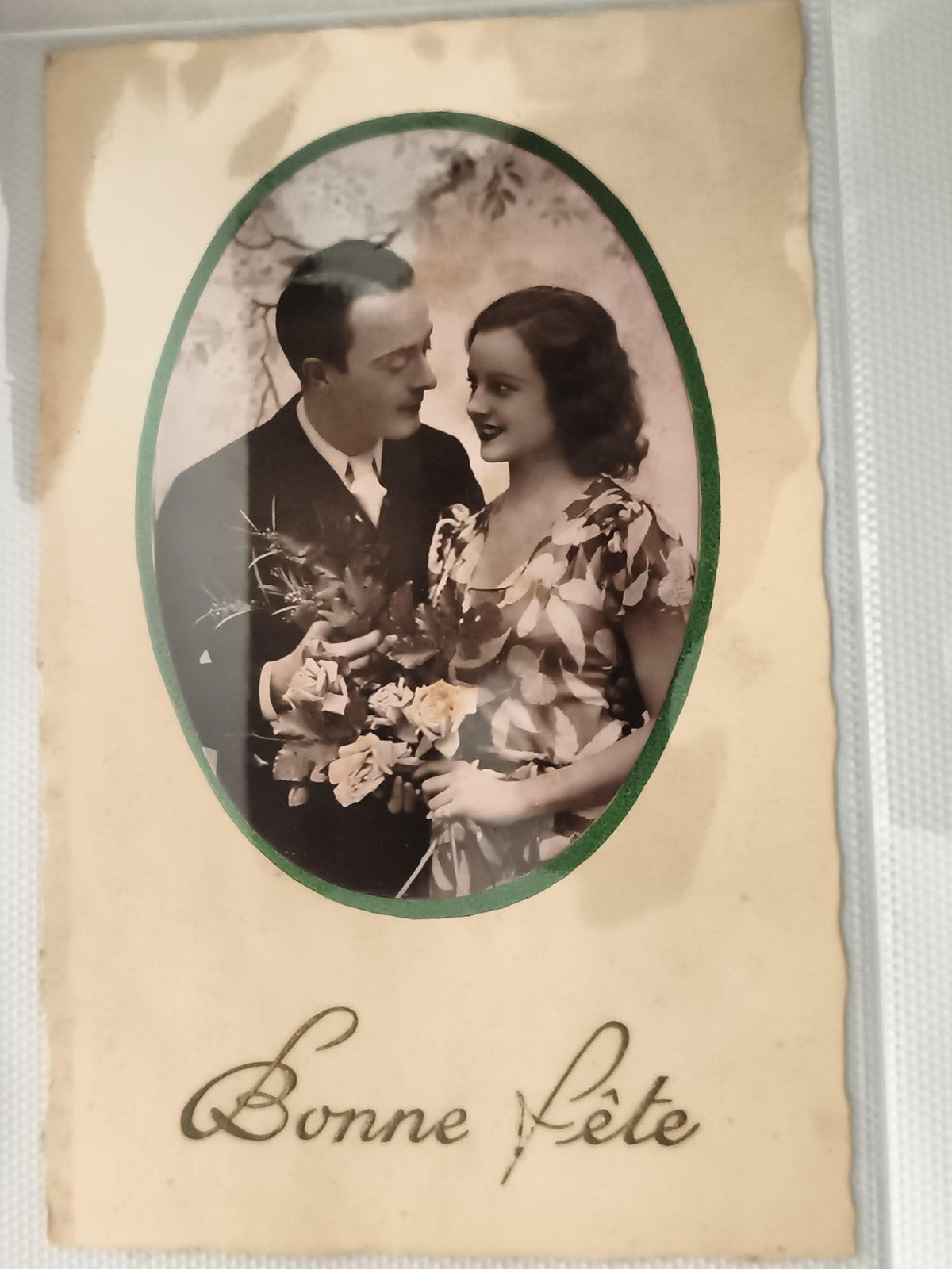 Carte postale ancienne Bonne Fête photo couple rétro début XXe CPA