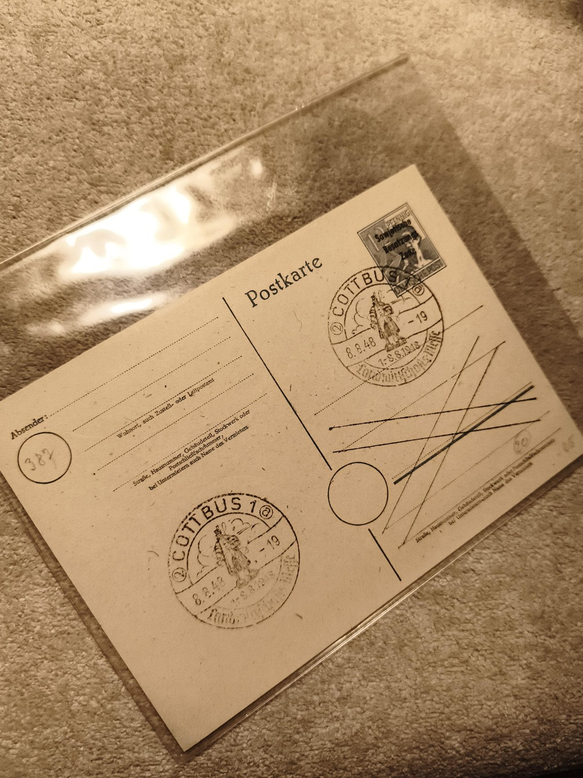 Carte postale Allemagne 1948 oblitérée Cottbus timbre philatélie (Ref 27)