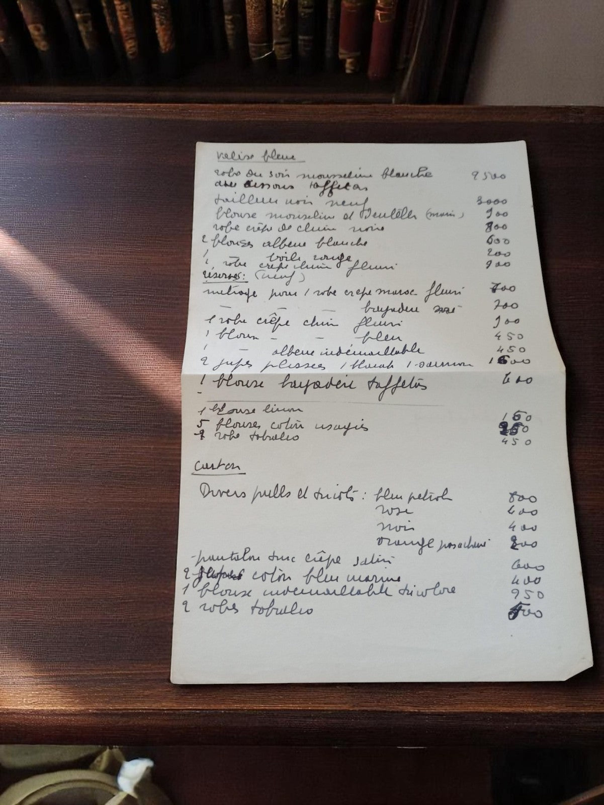 Lettre manuscrite 1939-1945 encre noire liste objets fleurs coton soie