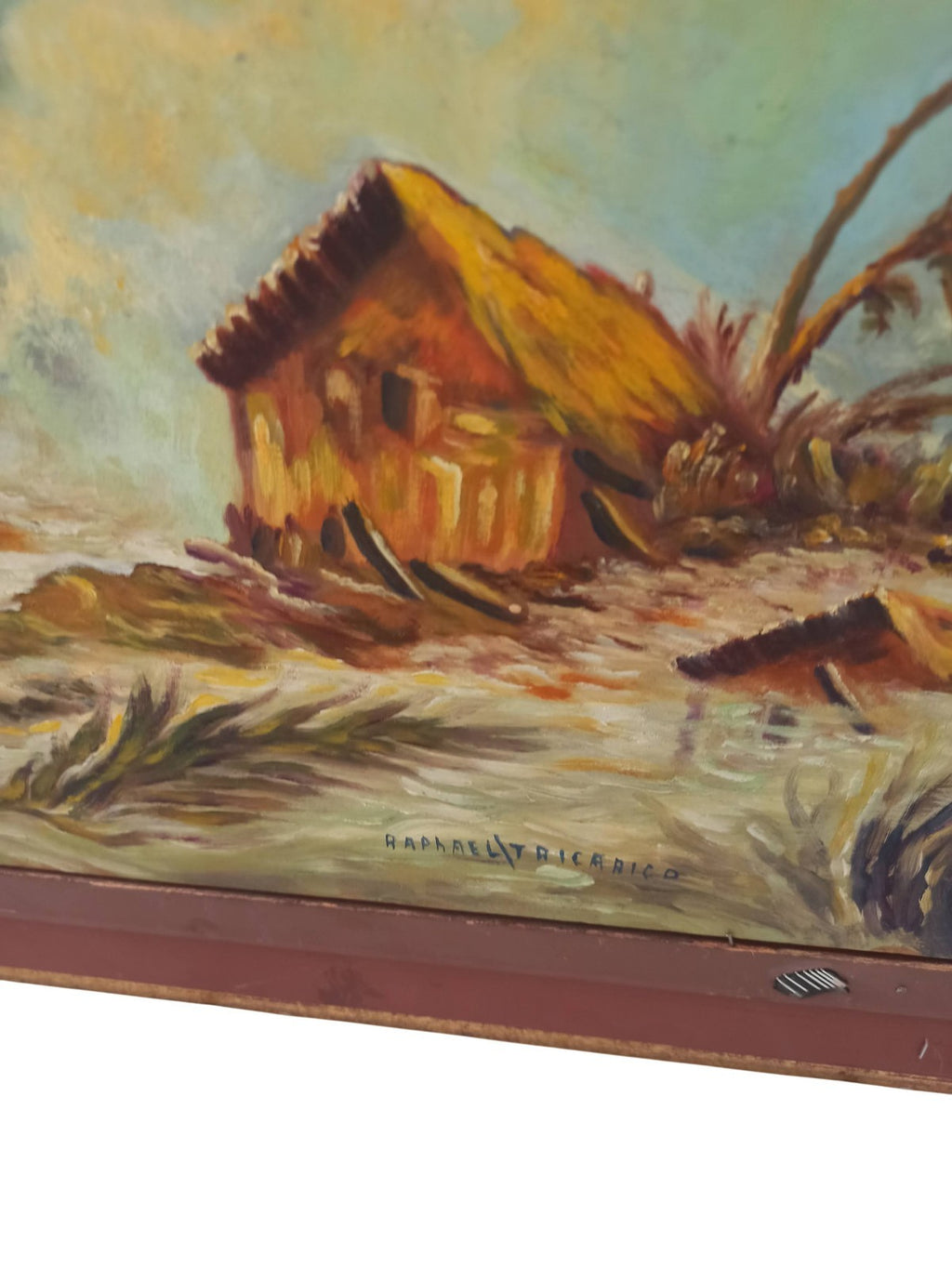 Tableau ancien bateau signé Raphael Tricarico peinture vintage marine cadre doré