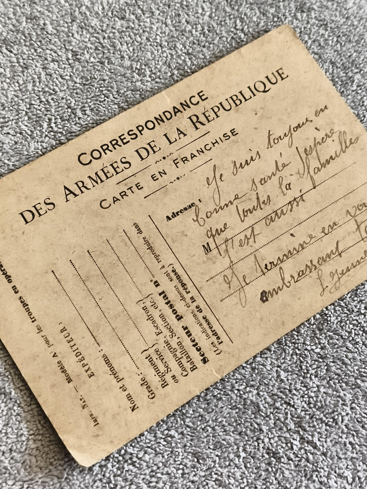Carte militaire armée française, correspondance franchise, philatélie, début XXe