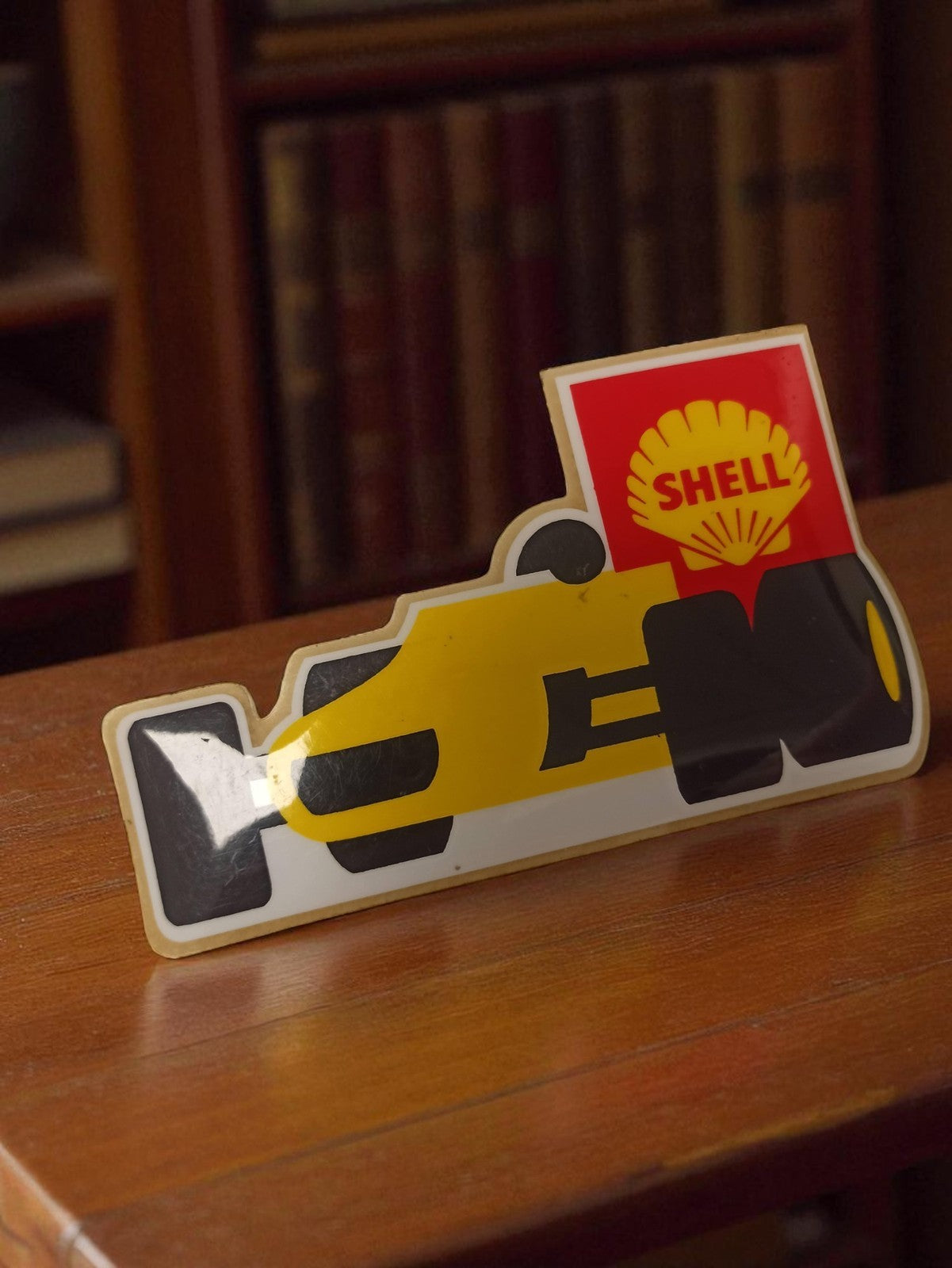 Autocollant ancien Shell F1 jaune noir vintage rétro déco garage pub