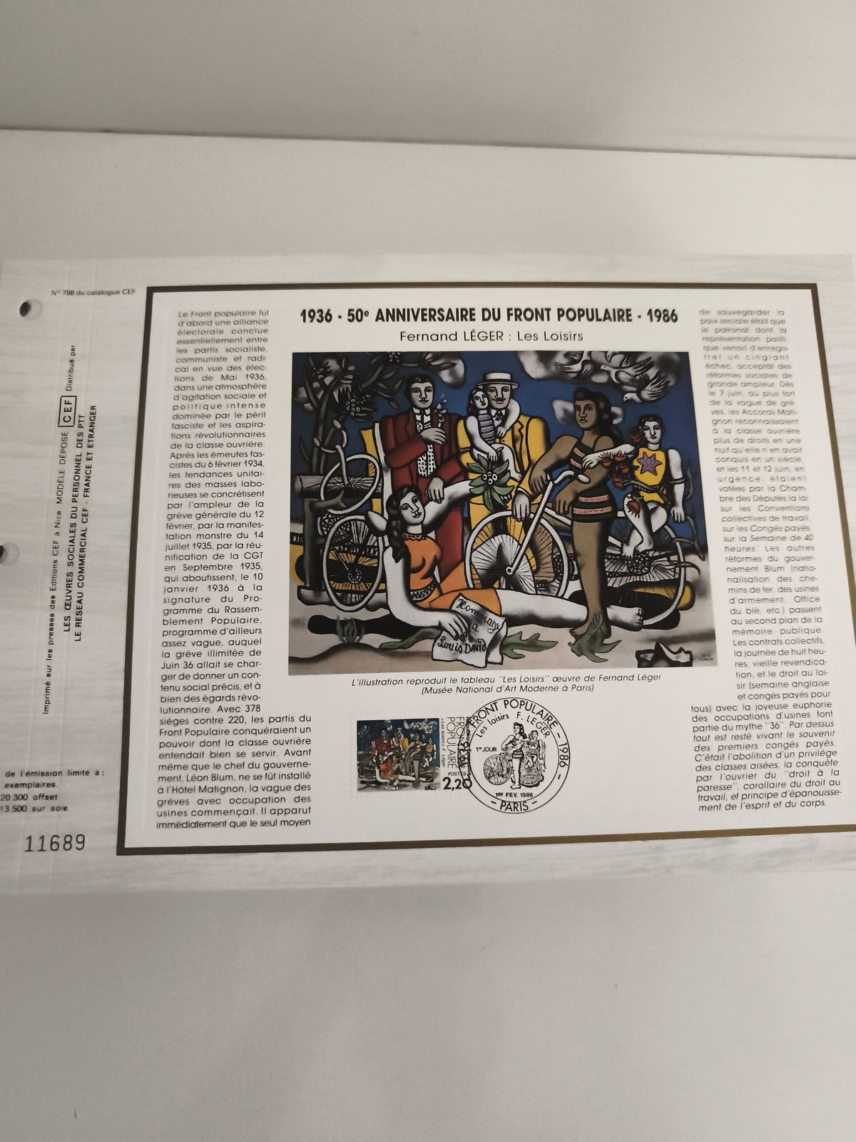 Feuillet CEF 50e anniversaire Front Populaire 1986 Fernand Léger philatélie