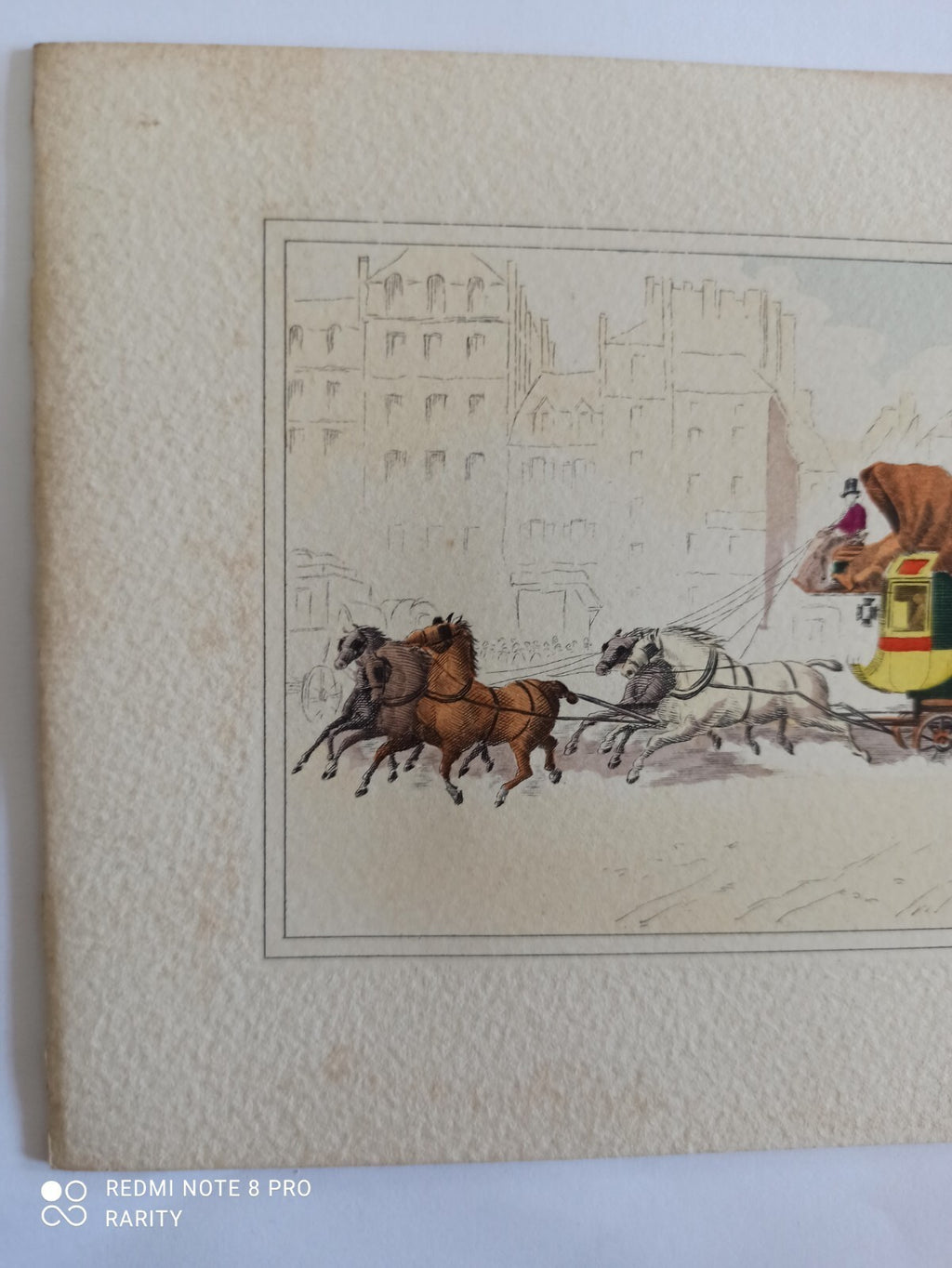 Gravure ancienne diligence J.M. Jacquin, lithographie couleur vintage art