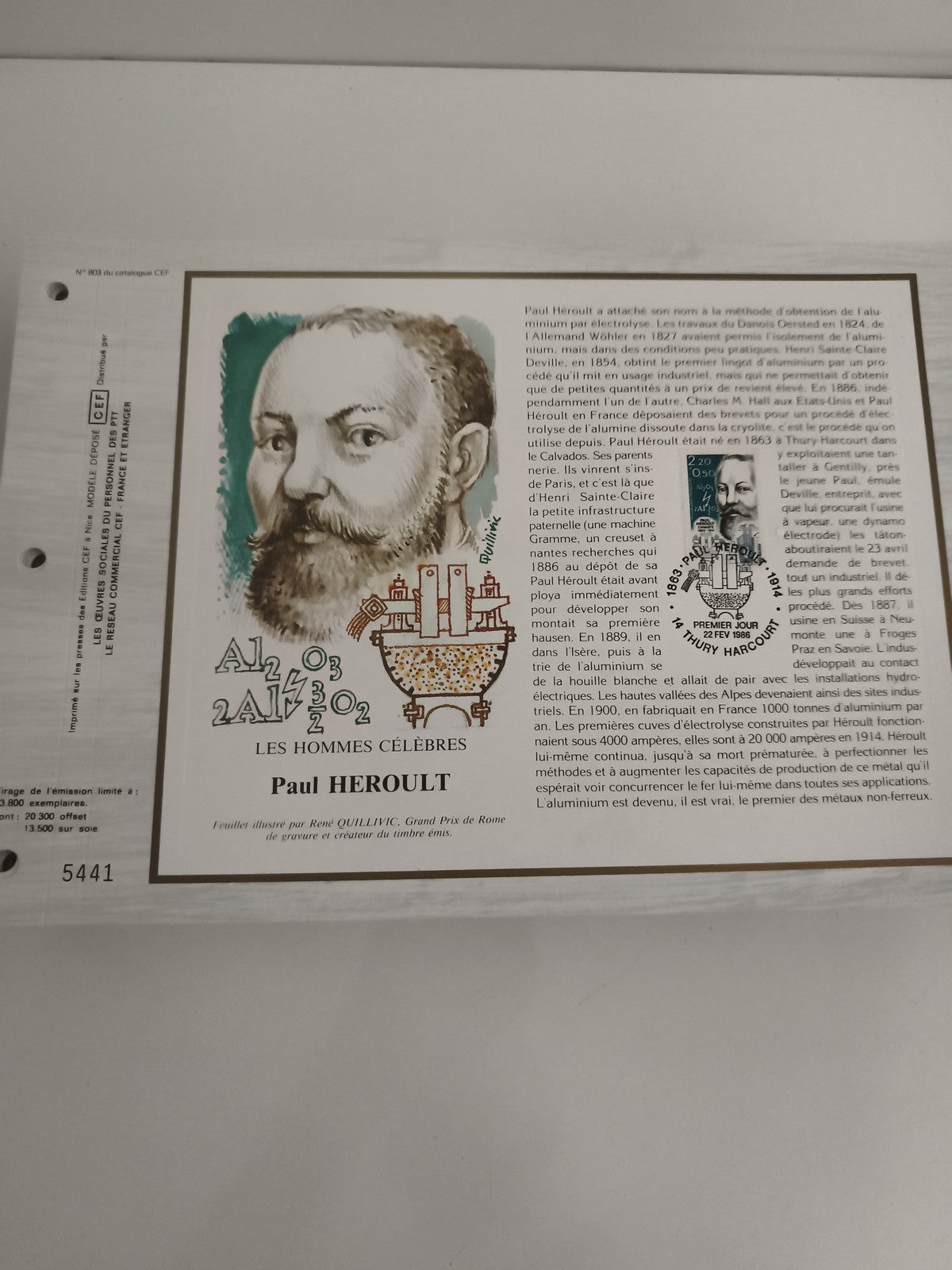 Feuillet CEF Paul Héroult Les Hommes Célèbres timbre Premier Jour