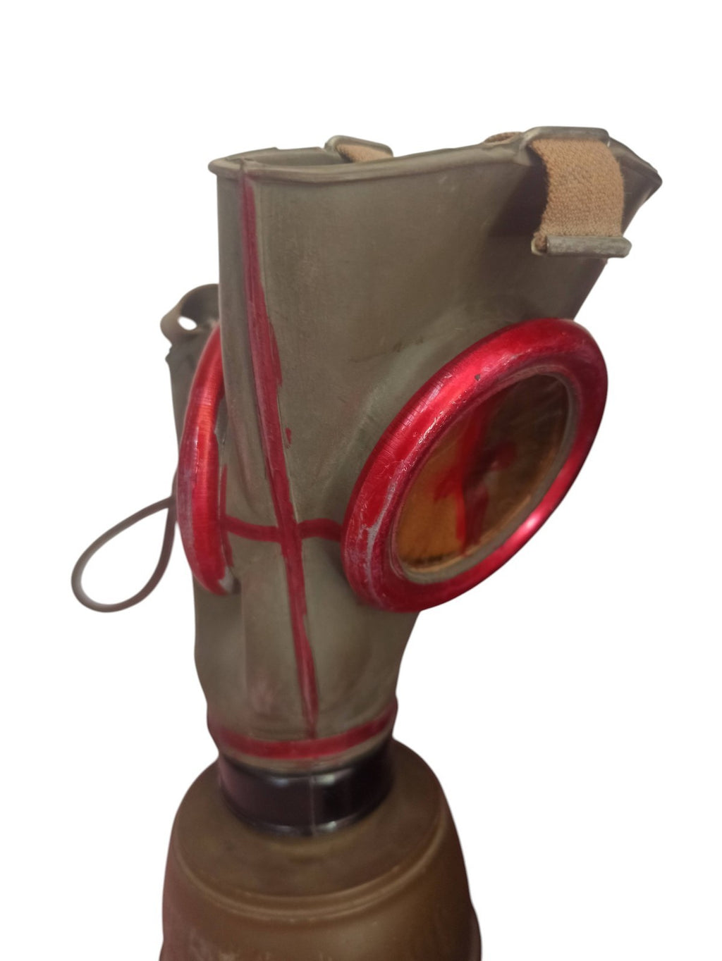Masque à gaz ancien WW2 avec filtre et boîte métal militaria vintage Seconde Gue