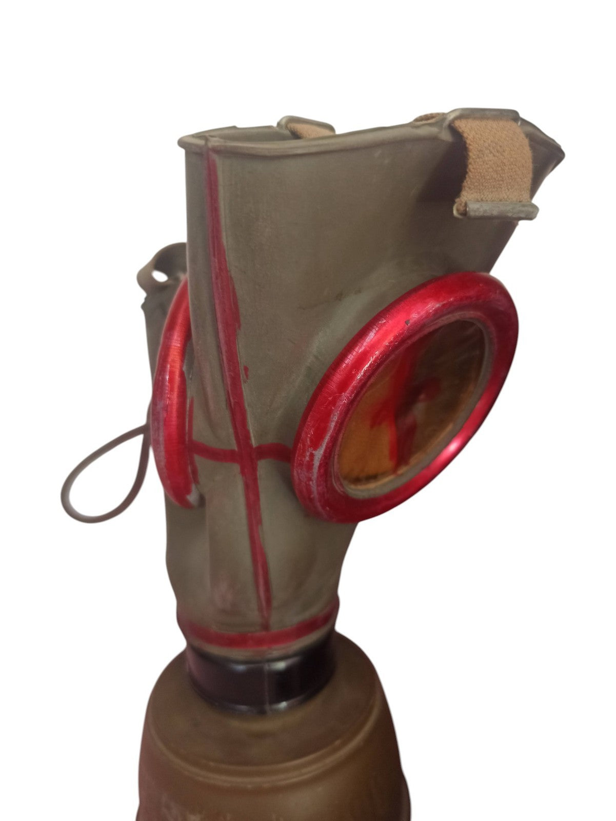 Masque à gaz ancien WW2 avec filtre et boîte métal militaria vintage Seconde Gue