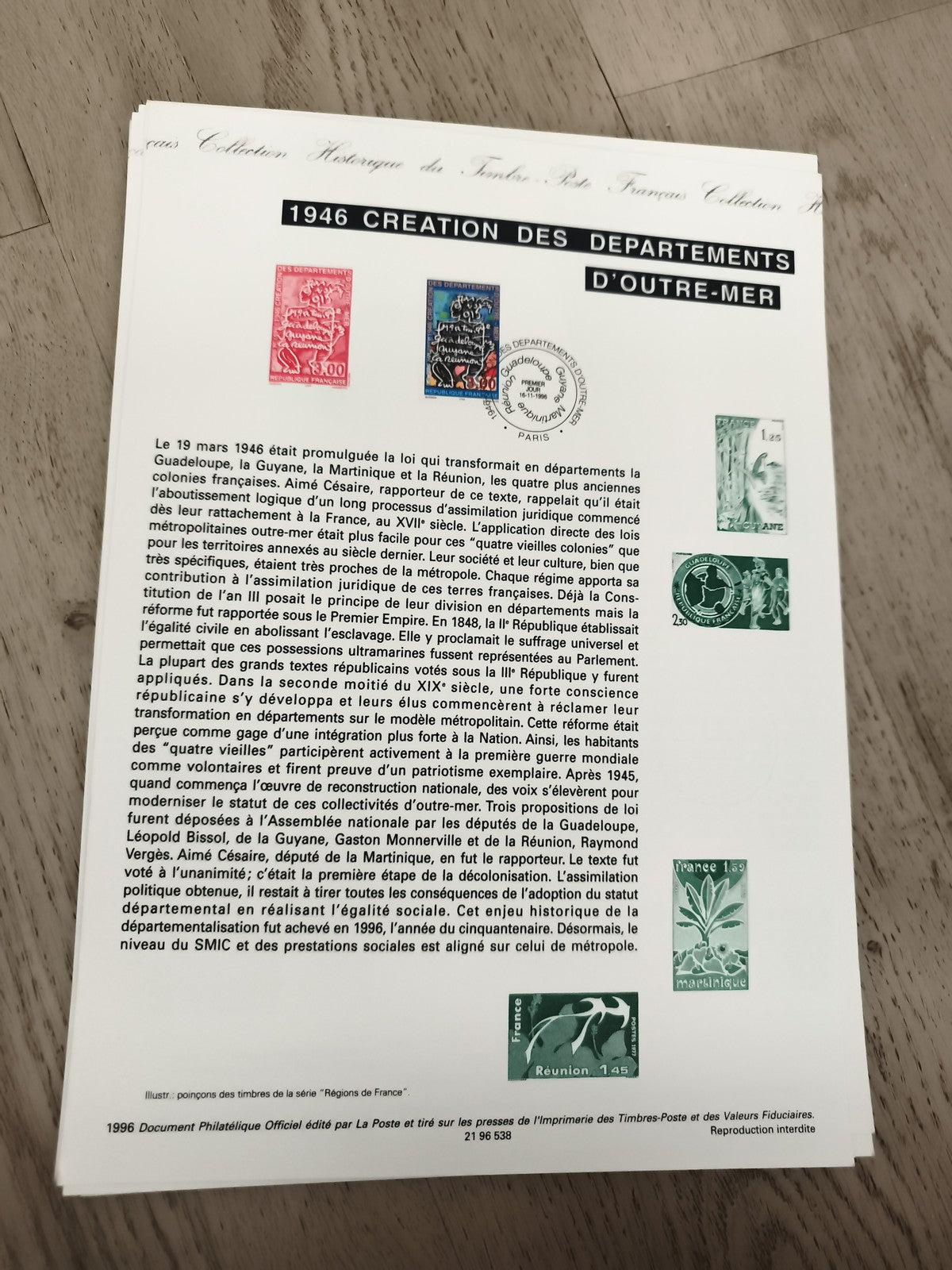Feuillet philatélique 1946 Création Départements Outre-Mer France timbres
