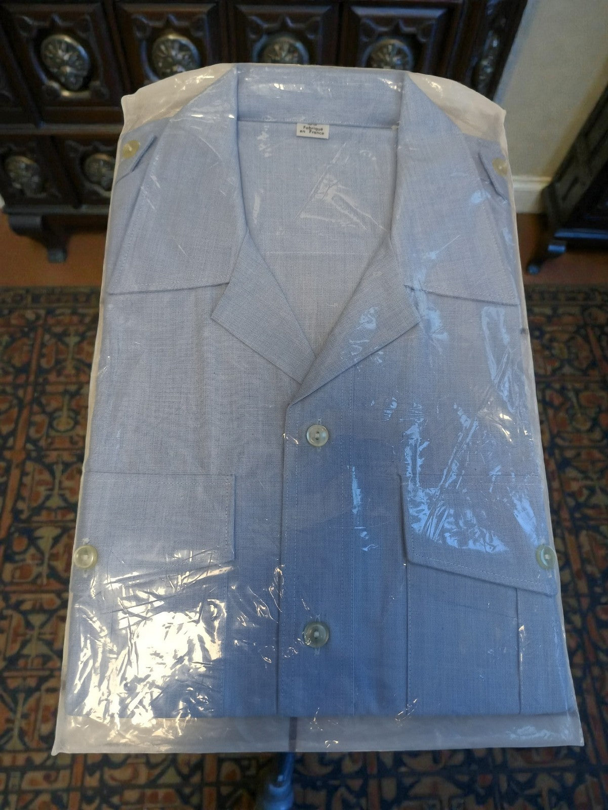 Chemise militaire vintage bleue, manches courtes, Made in France, authentique mi