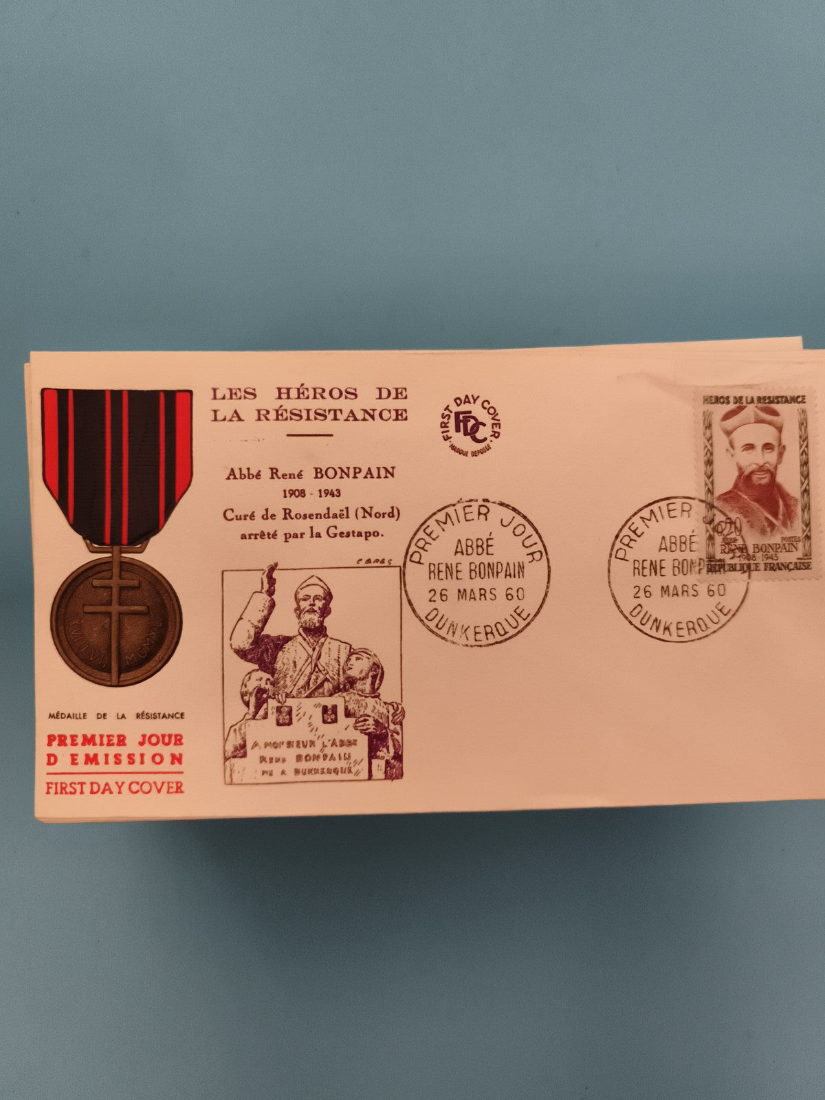 Lettre FDC Héros Résistance René Bonpain premier jour 1960 Dunkerque philatélie