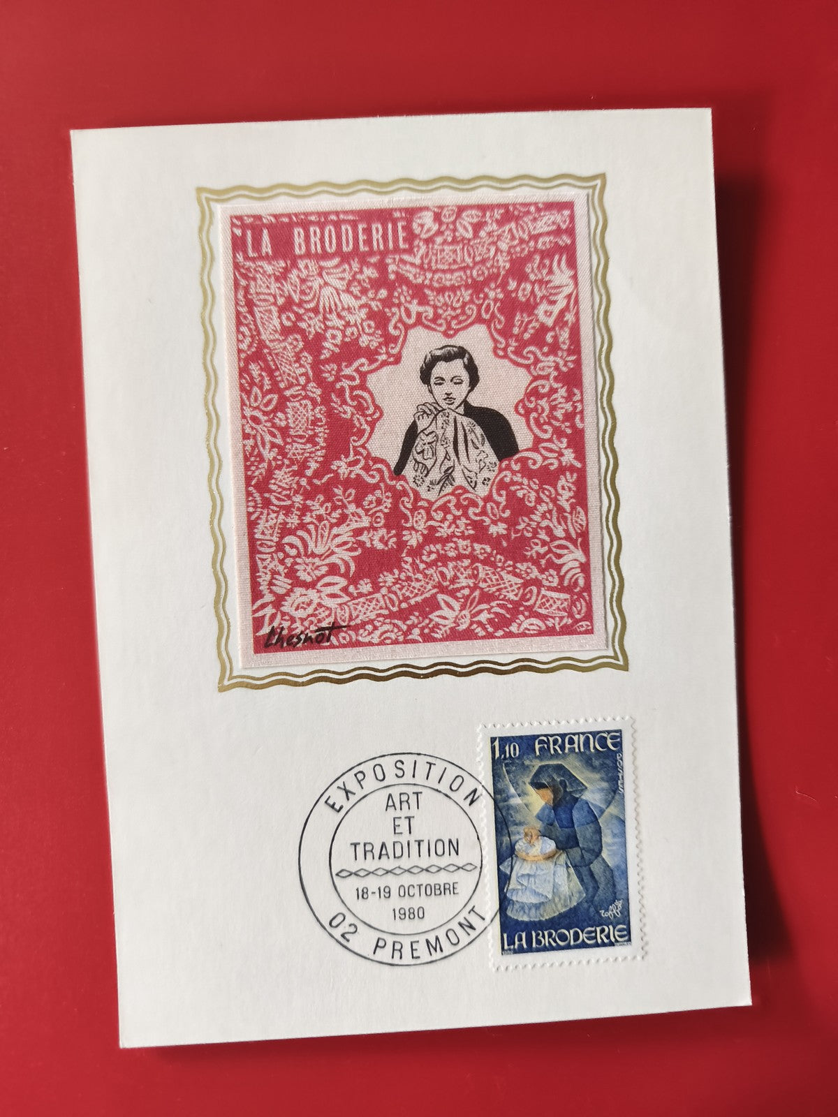 Carte postale philatélie La Broderie Exposition Art et Tradition Prémont 1980