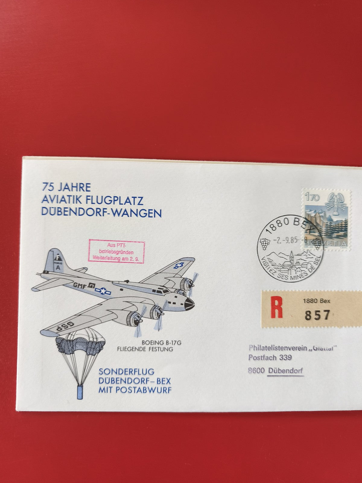 Enveloppe philatélie Sonderflug Dubendorf-Bex Boeing B-17G illustrée timbrée