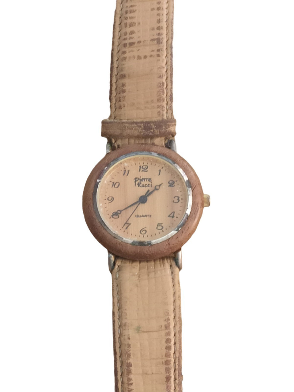 Montre vintage Pierre Rucci quartz, cadran beige, bracelet aspect croco