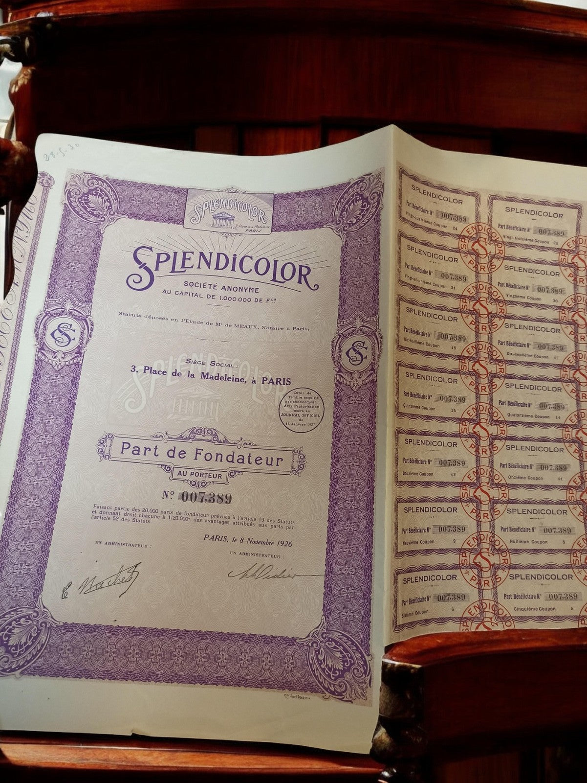 Action Splendicolor 1926 document financier ancien violet Part de Fondateur vint