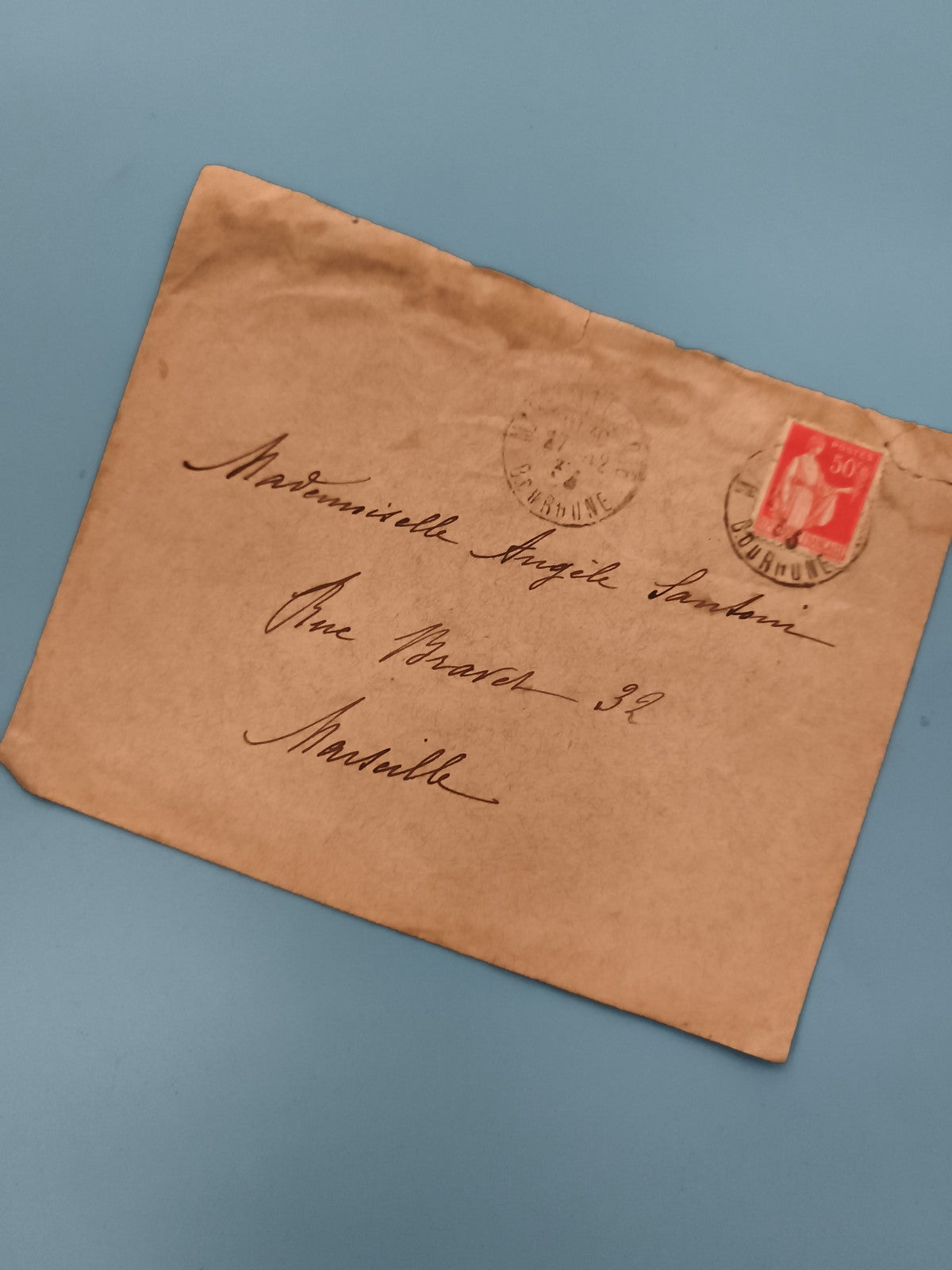 Lettre ancienne timbrée 50c Semeuse, cachet Bourrune, manuscrite Marseille