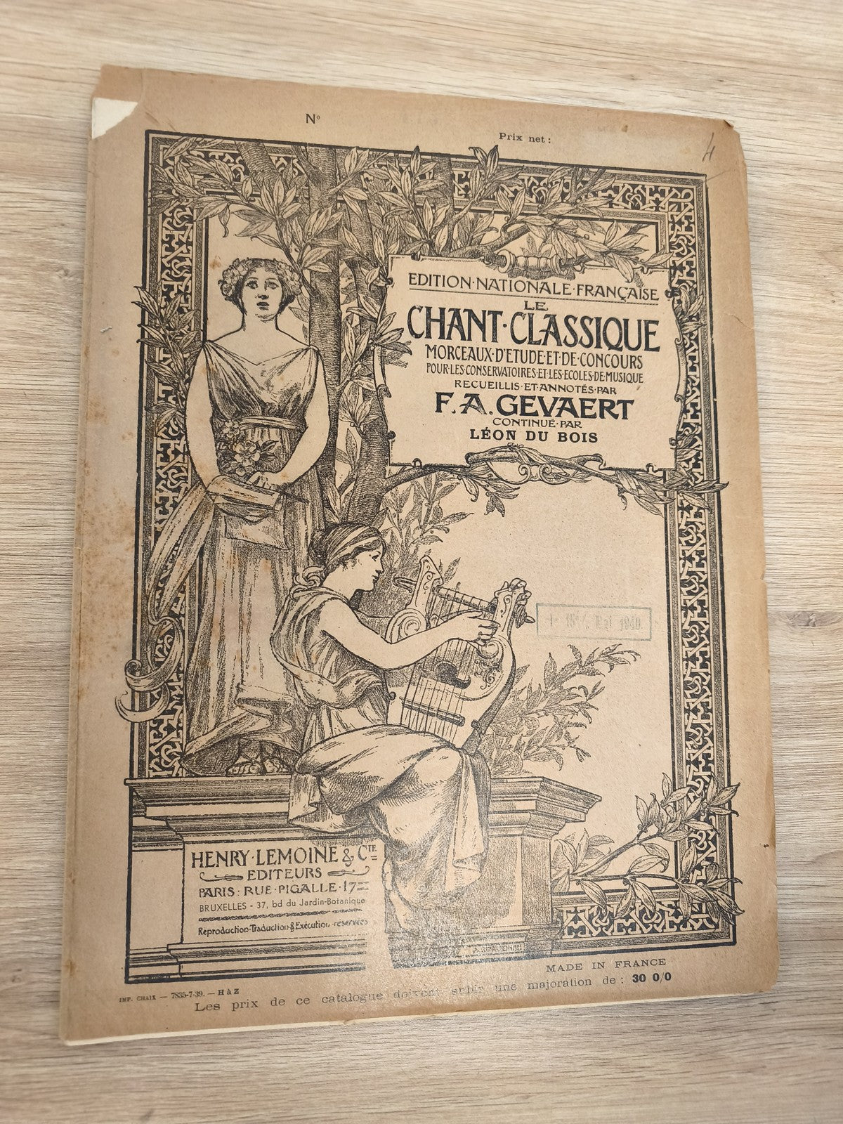 Ancien livre partitions chant classique Gevaert, couverture illustrée, édition L