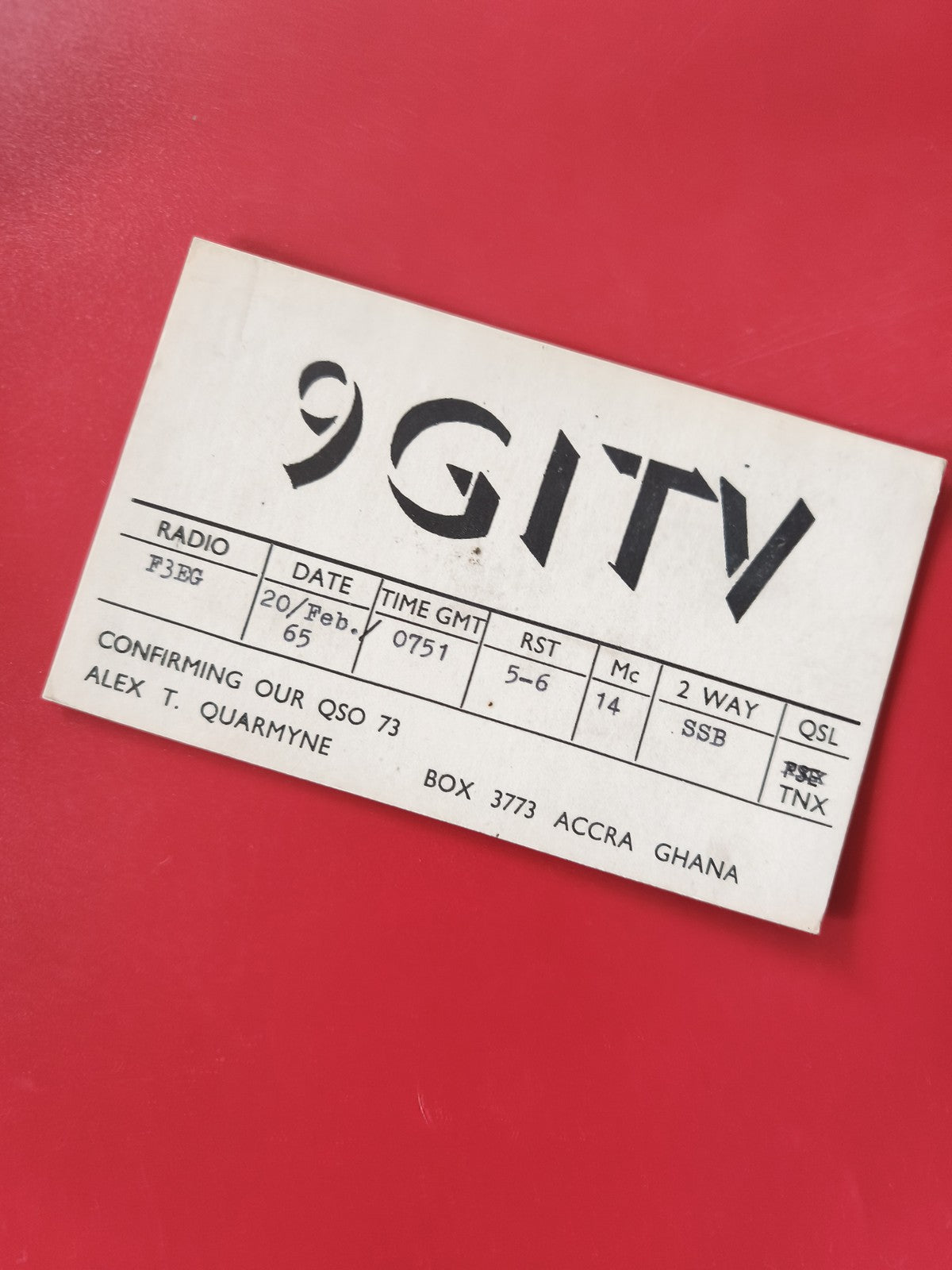 Carte radio QSL 9G1TV Ghana Accra radioamateur SSB QSO indicatif