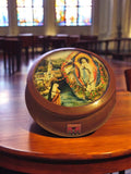 Boîte religieuse Lourdes vintage en bois, illustration Vierge, souvenir ancien