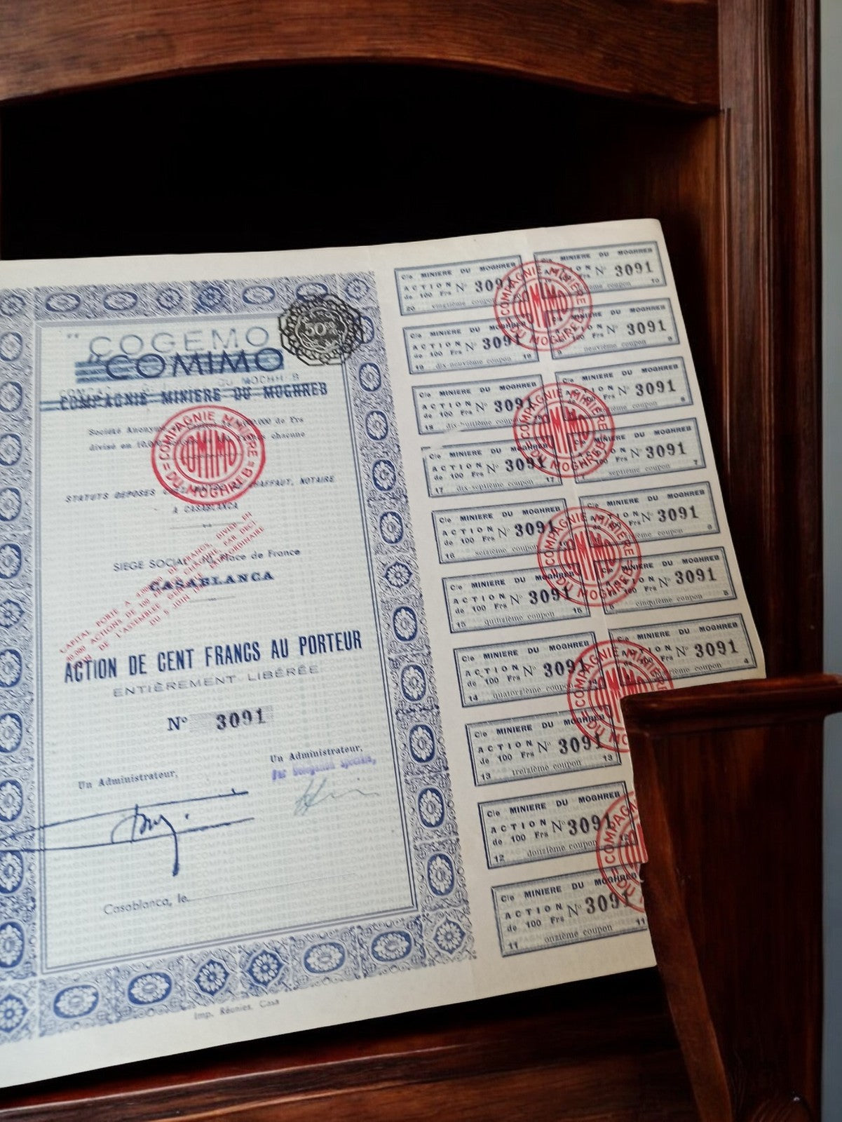 Action au porteur COGEMO COMIMO 1920s Casablanca ancien document financier