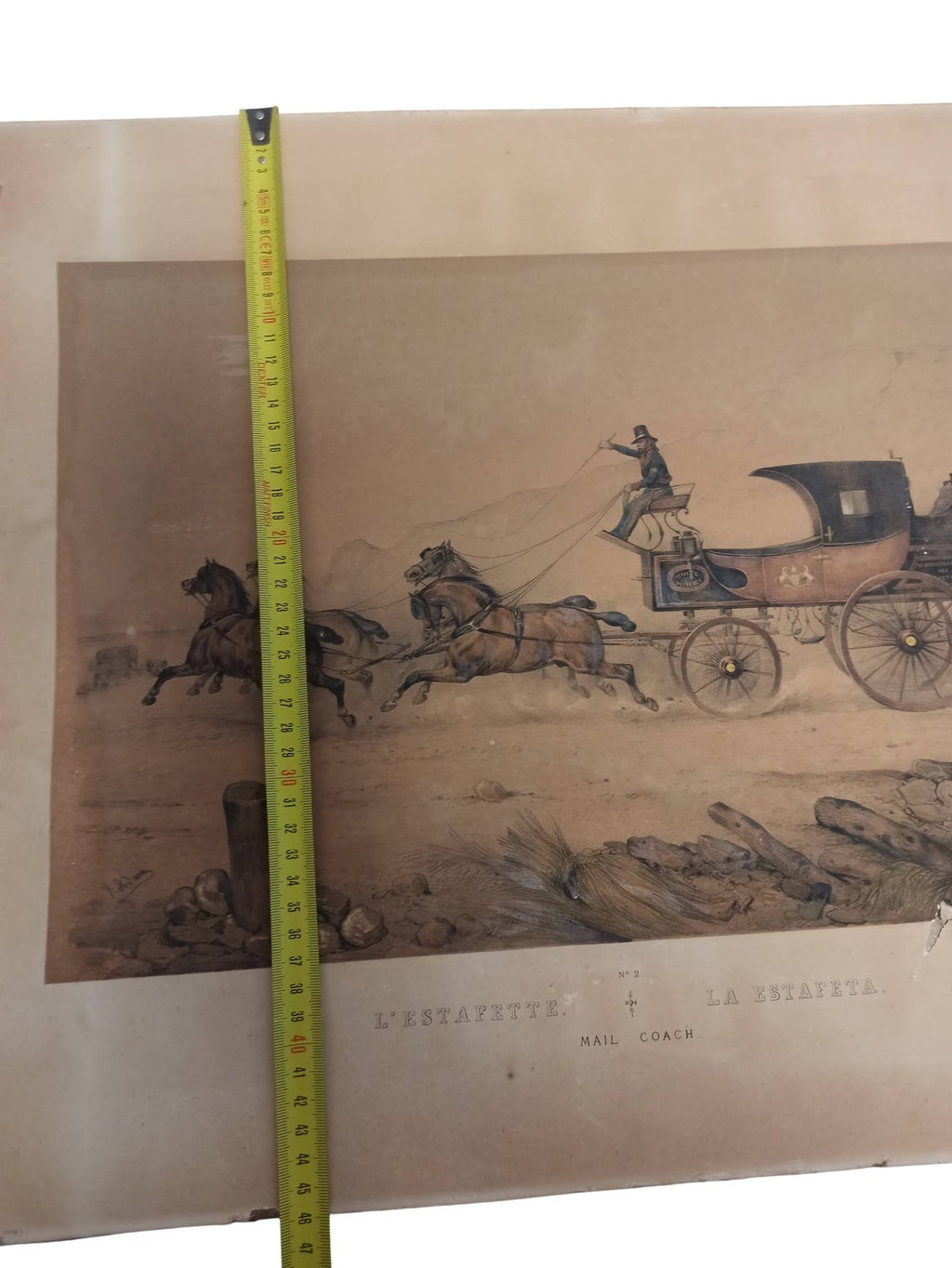 Ancienne gravure estafette XIXe, illustration coach postal vintage rétro déco