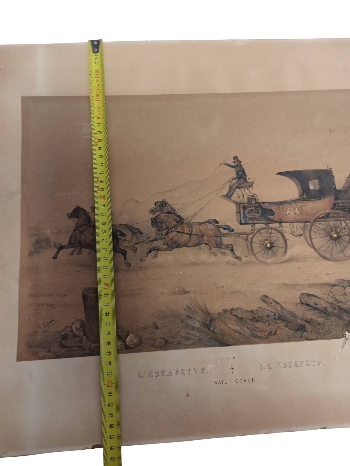 Ancienne gravure estafette XIXe, illustration coach postal vintage rétro déco