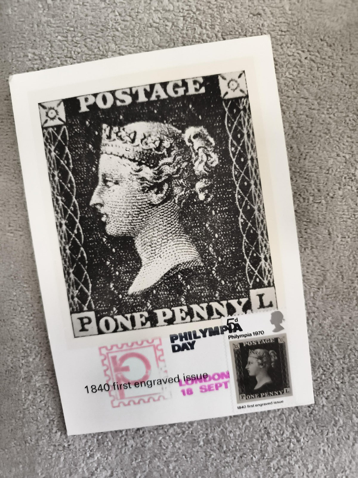 Carte postale Philatélie Penny Black 1840 Philympia 1970 timbre gravé