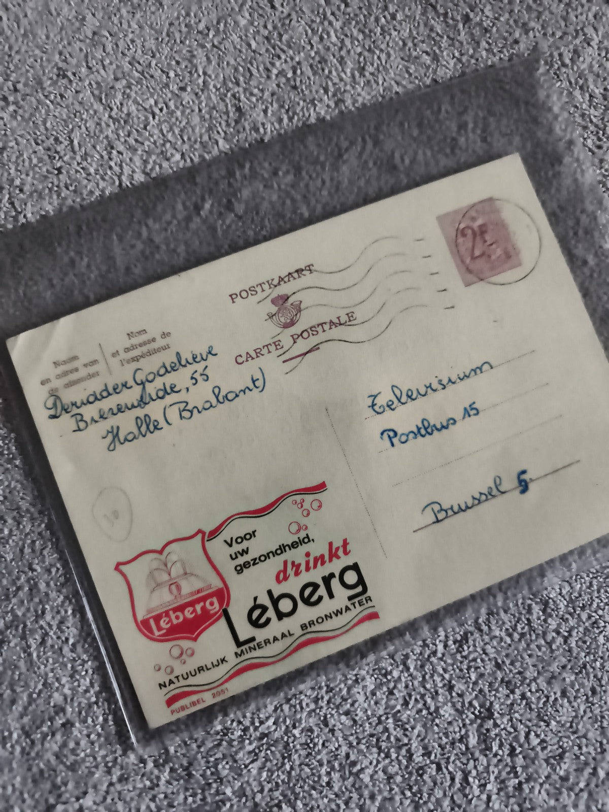 Carte postale publicitaire Léberg minéral, Belgique, timbre 2F, philatélie