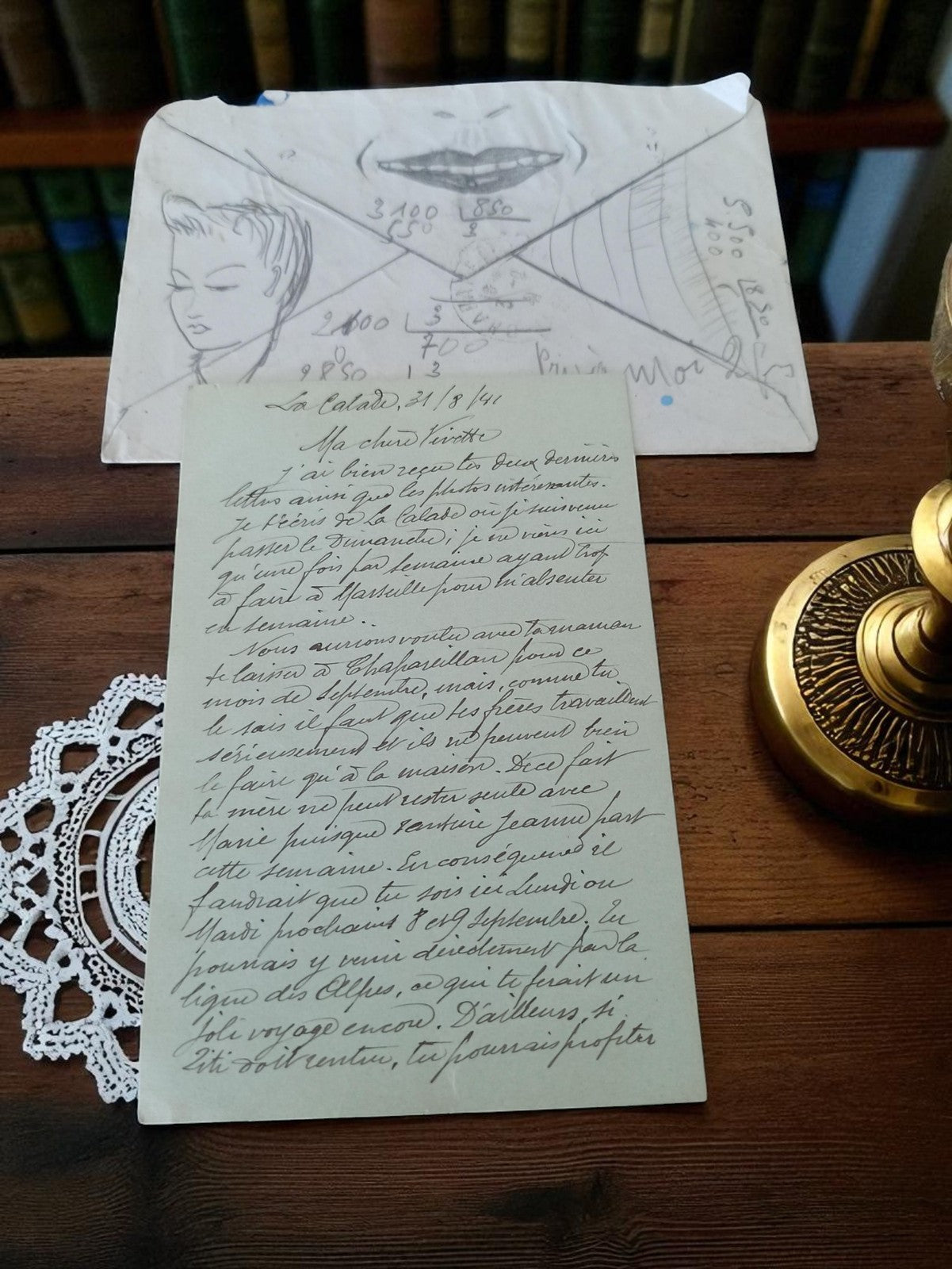 Lettre manuscrite ancienne 1941 WW2 + enveloppe illustrée visage femme vintage