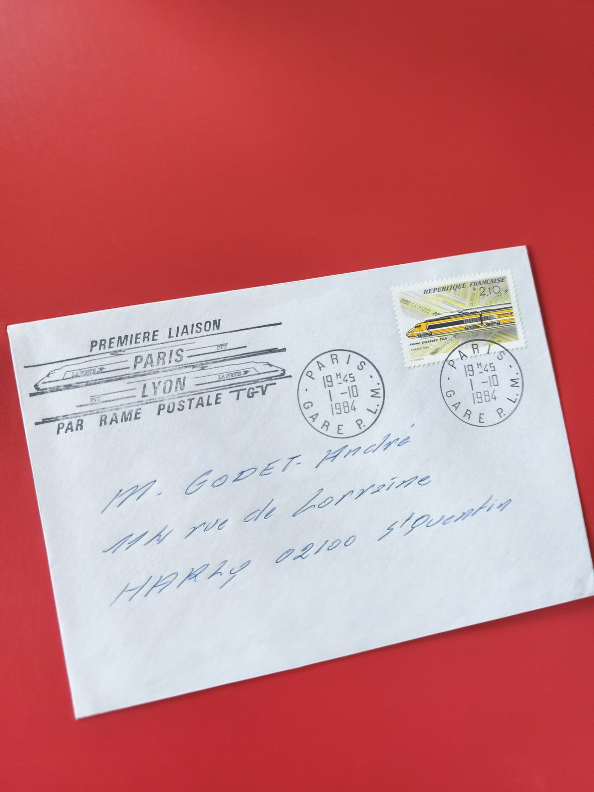 Enveloppe philatélie TGV Paris Lyon 1984 oblitérée timbre train jaune