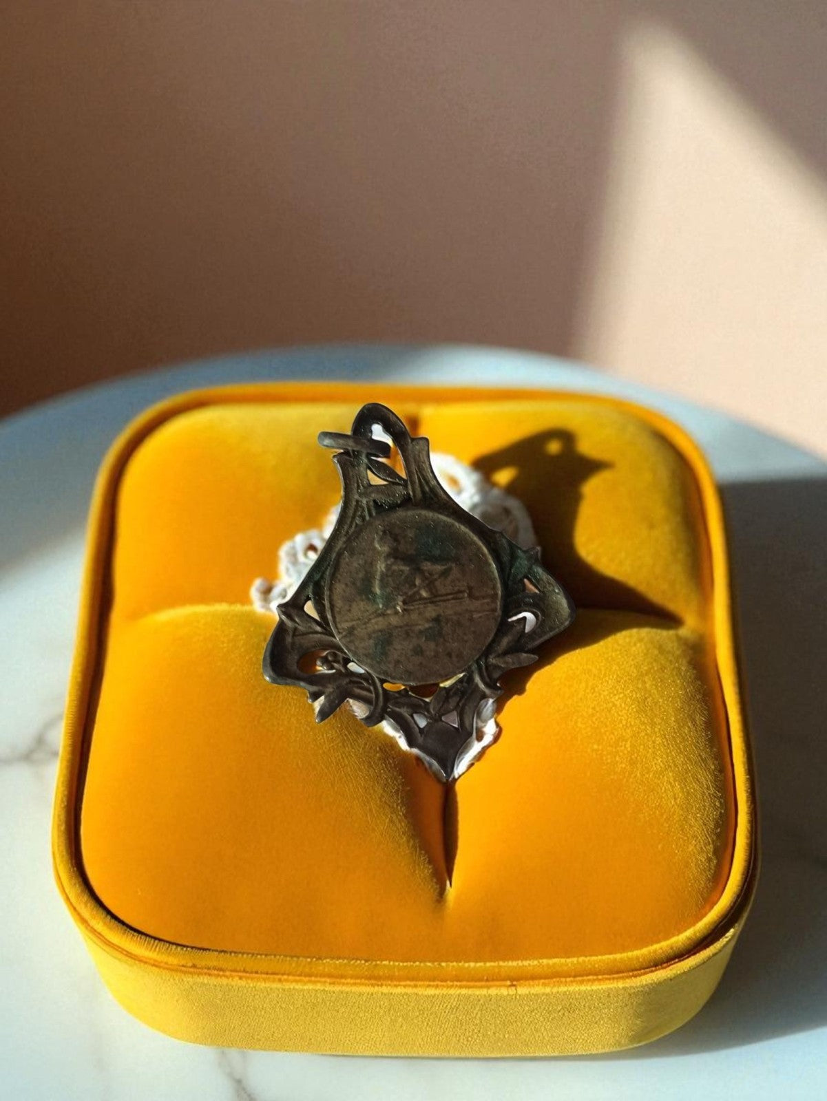 Antique bronze kayak medal openwork Art Deco style vintage