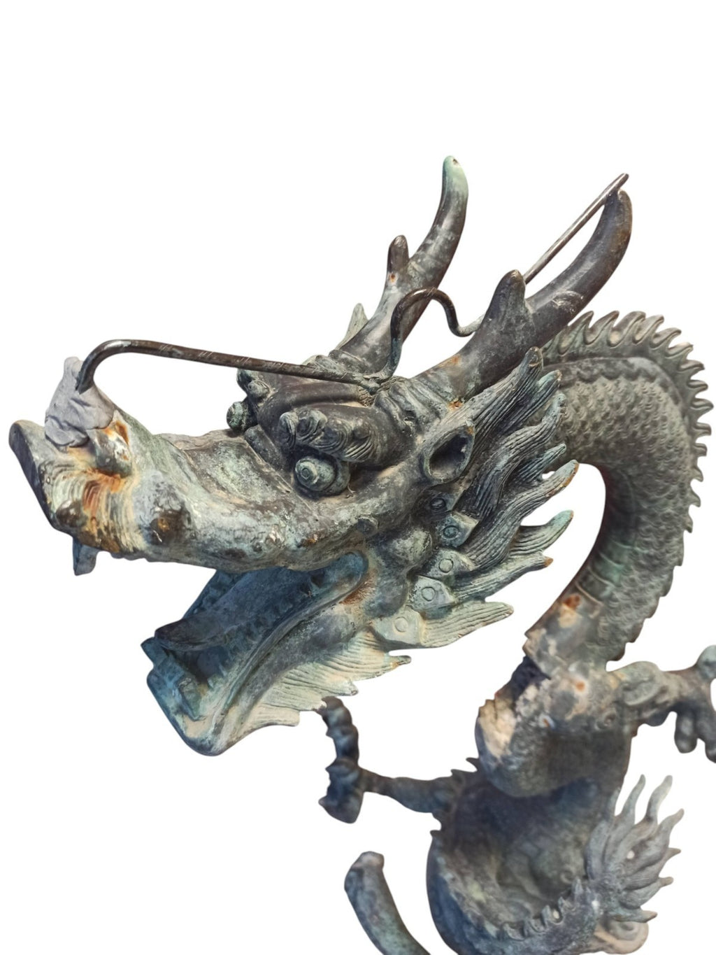 Statue dragon chinois bronze patine verte sculpture XIXe déco orientale Feng Shu