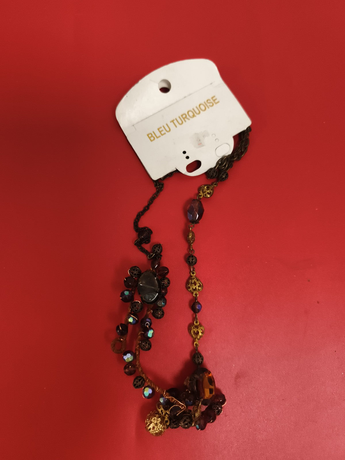 Collier vintage Bleu Turquoise perles facettées bronze deadstock ancien