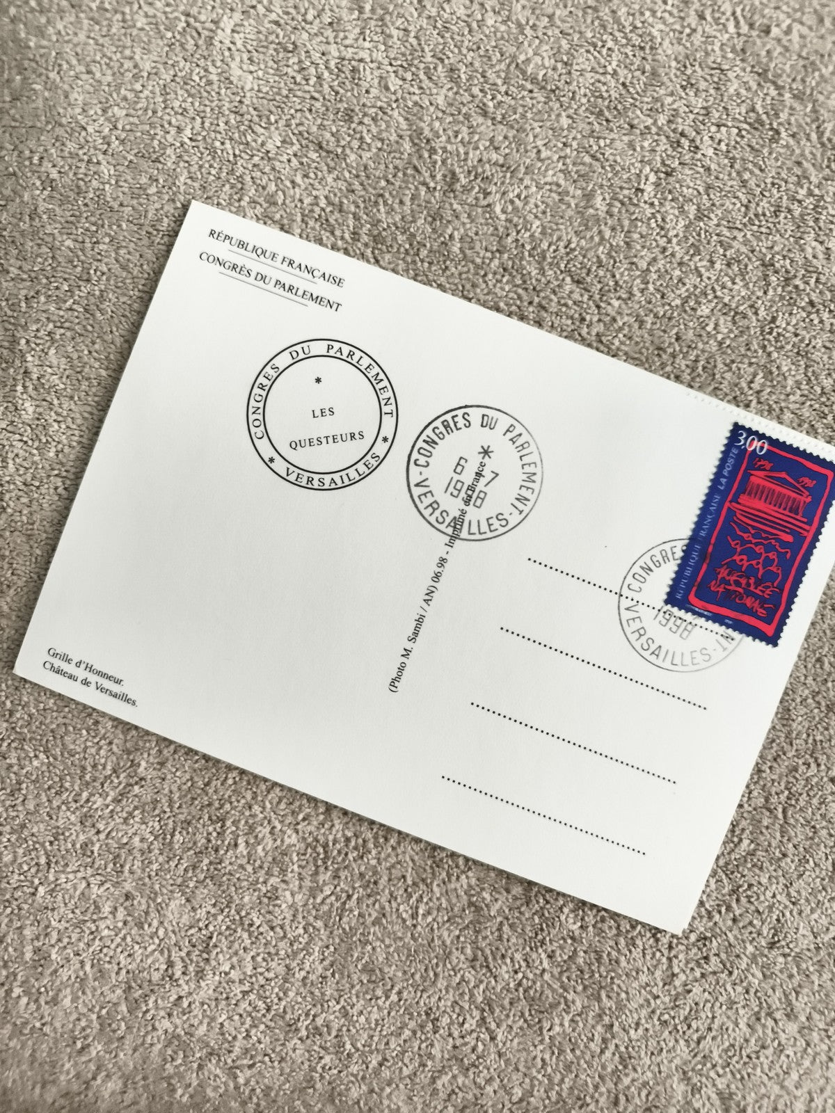 Carte postale Congrès Parlement Versailles 1998 timbre oblitéré philatélie