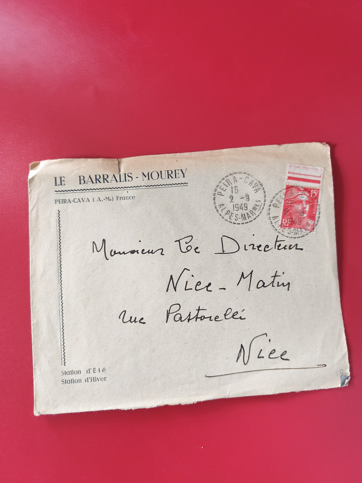 Enveloppe philatélie timbre rouge Marianne 15F oblitérée Peira-Cava Nice