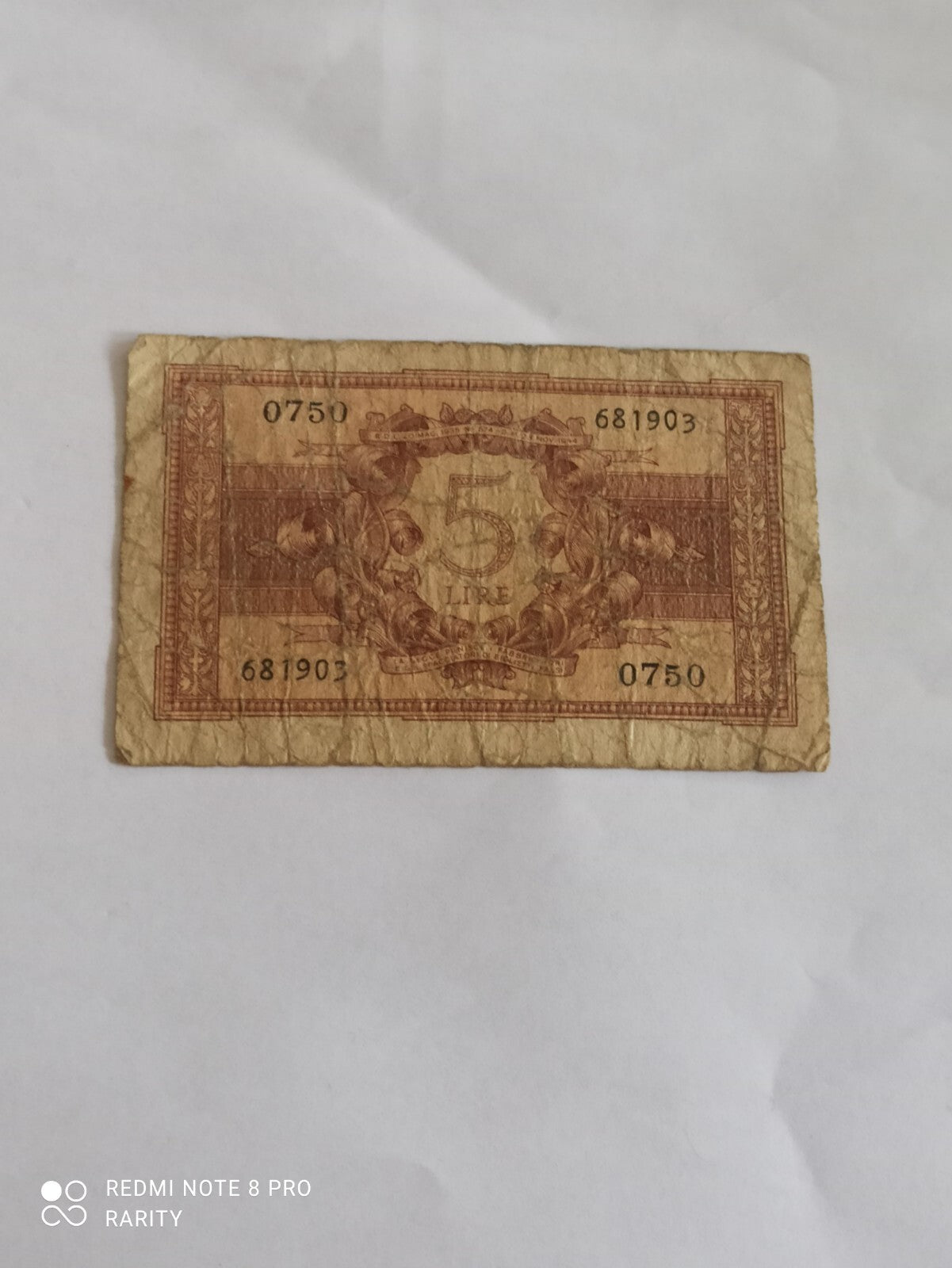 Billet Italie 5 Lire ancien, brun, Banca d’Italia, papier, CINQUE, monnaie histo