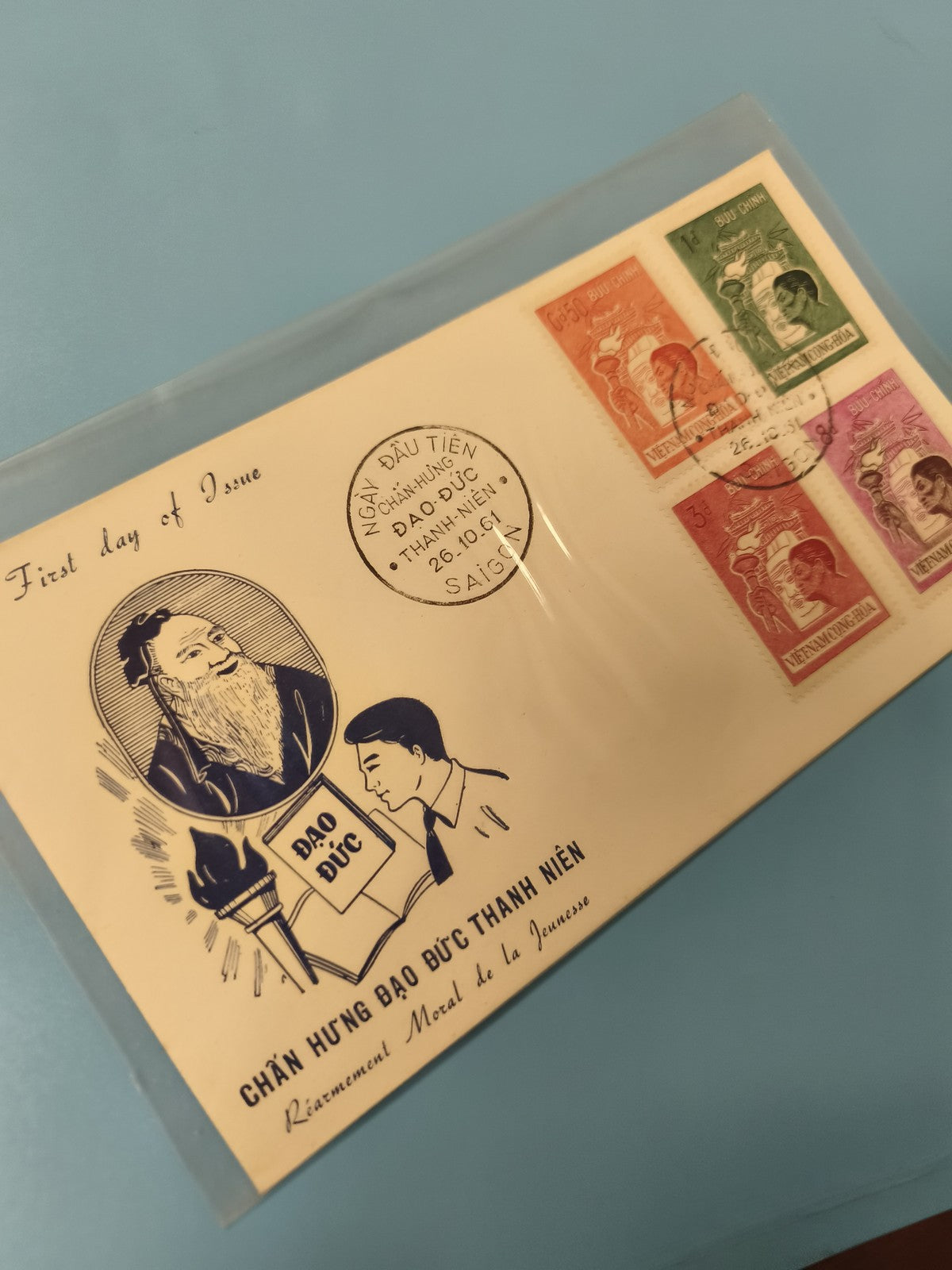 Ancienne enveloppe FDC Vietnam timbres illustrés Saigon 1961 collection philatél
