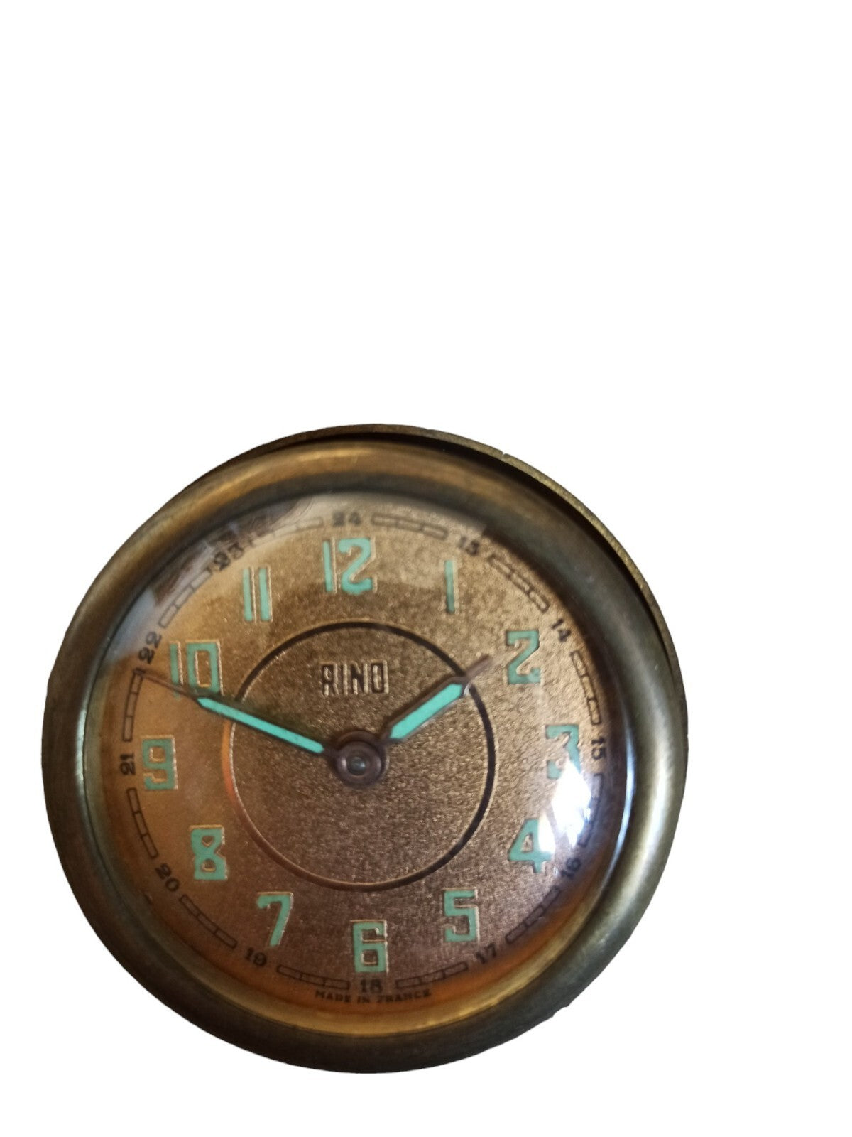 Horloge ancienne RINO vintage, cadran doré, mécanisme à remontoir, Made in Franc