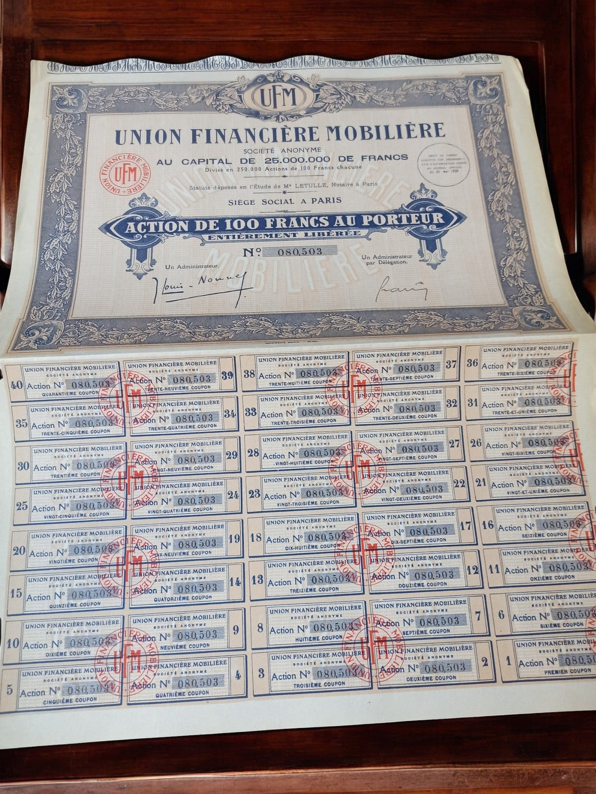 Action au porteur UFM 100 Francs années 1920 authentique vintage Paris