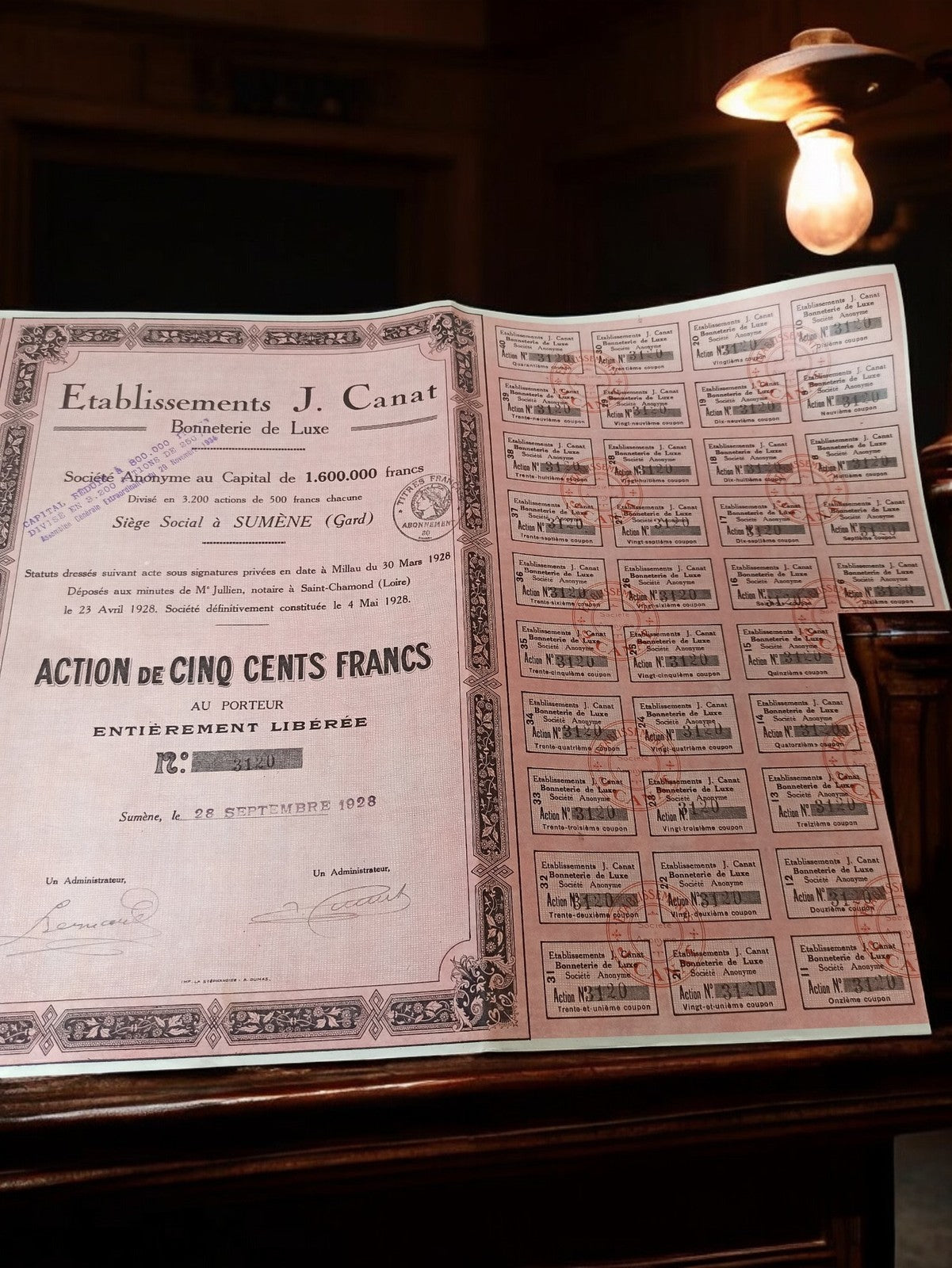 Action au porteur 1928 Établissements J. Canat Bonneterie de Luxe ancien documen