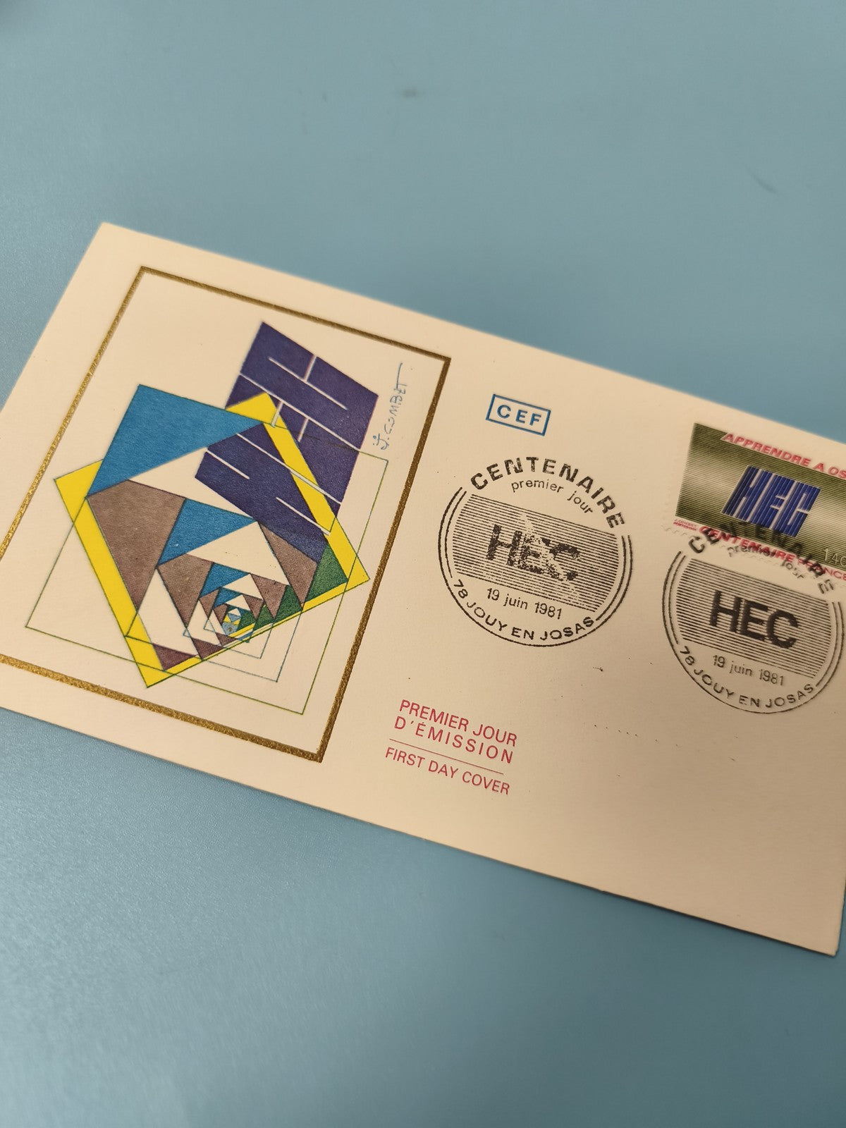 Enveloppe FDC premier jour HEC 1981, timbre Centenaire, motif géométrique