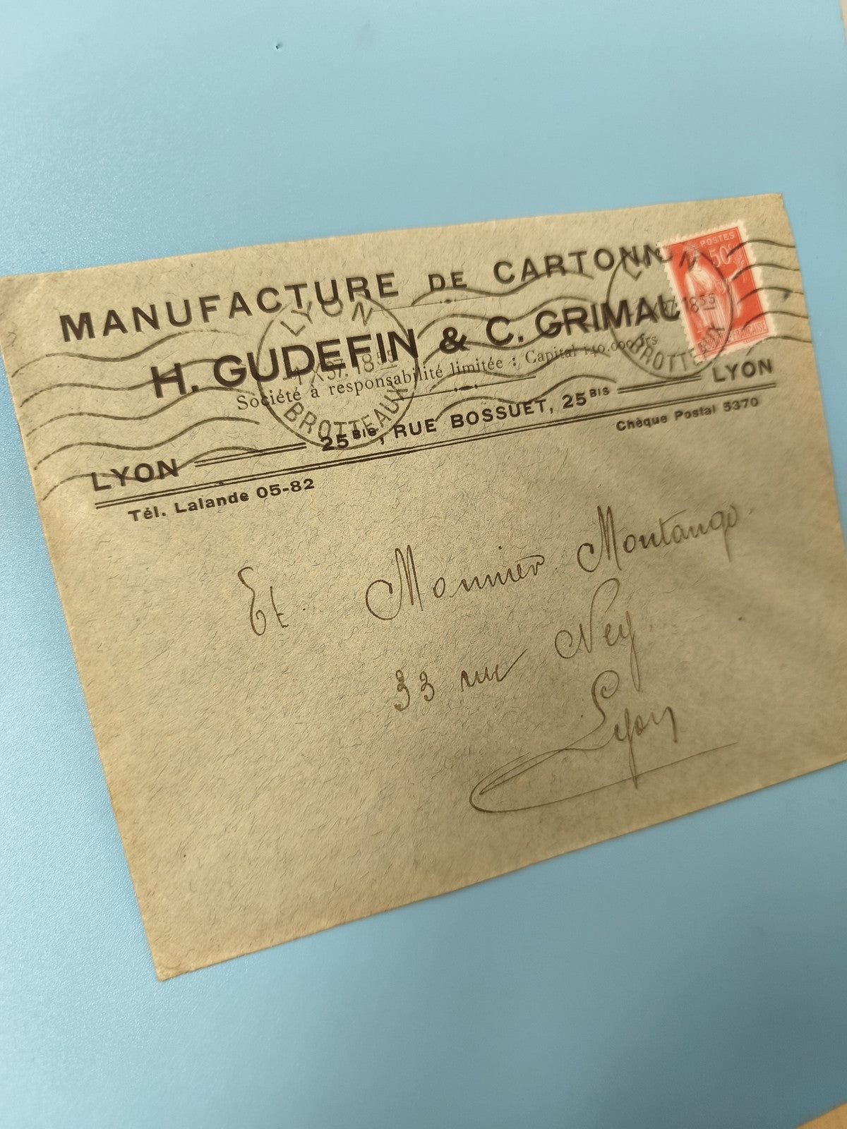 Ancienne enveloppe oblitérée début XXe Manufacture Lyon philatélie vintage