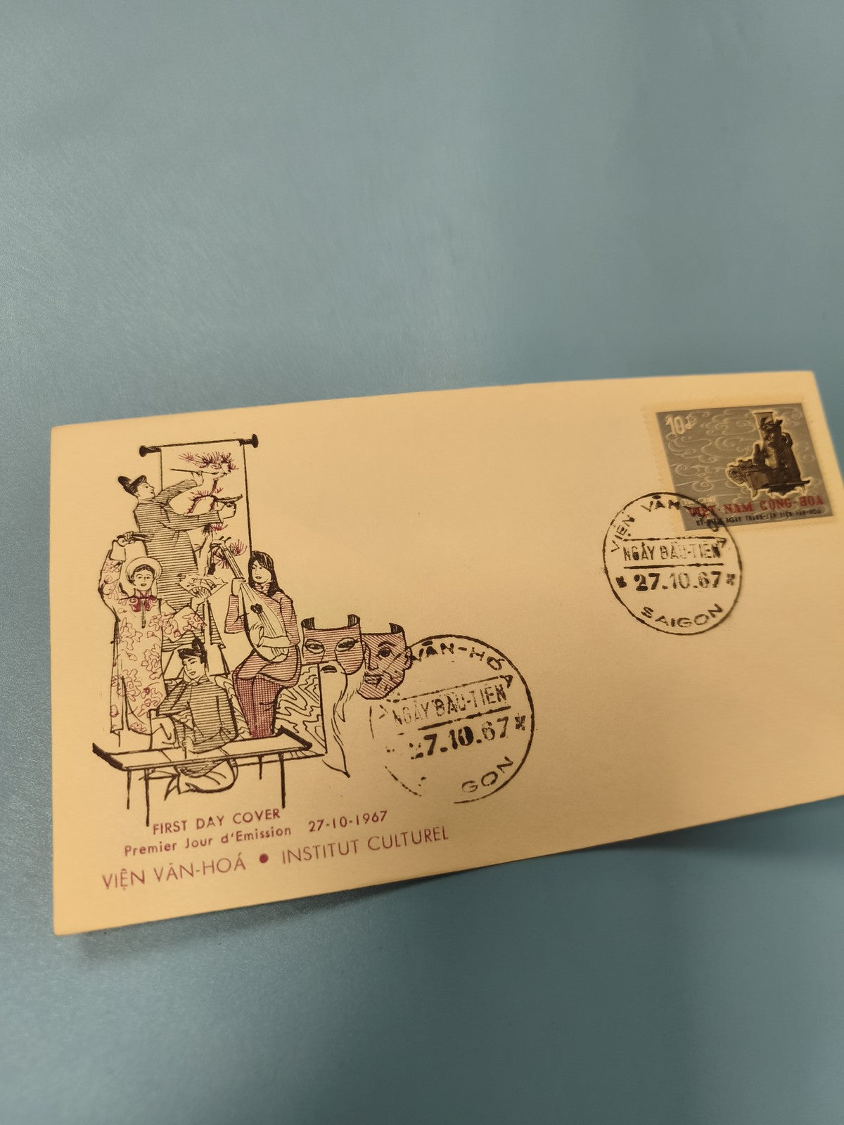 Ancienne enveloppe FDC Vietnam 1967 Institut Culturel, oblitération Saigon