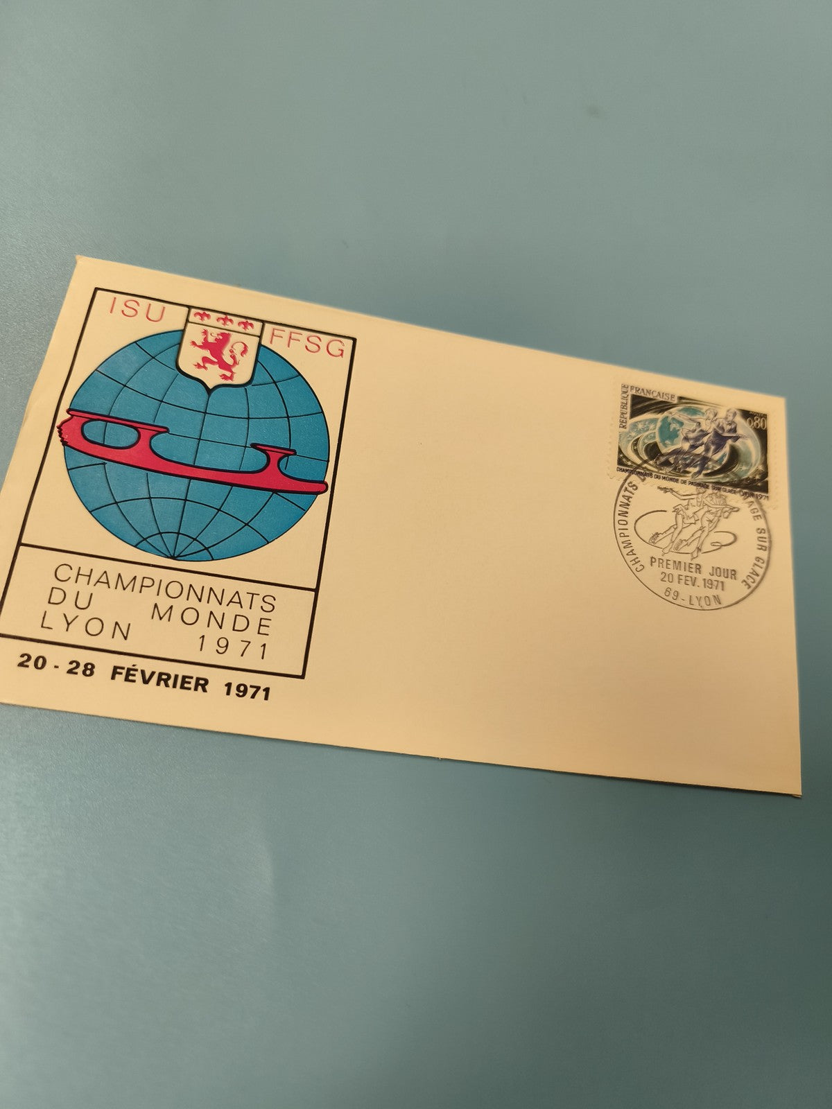 Enveloppe FDC Championnats du Monde Lyon 1971 timbre 1er jour patinage