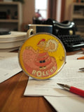 Pin's ancien Roll'Up publicitaire rétro, badge vintage jaune, objet promotionnel