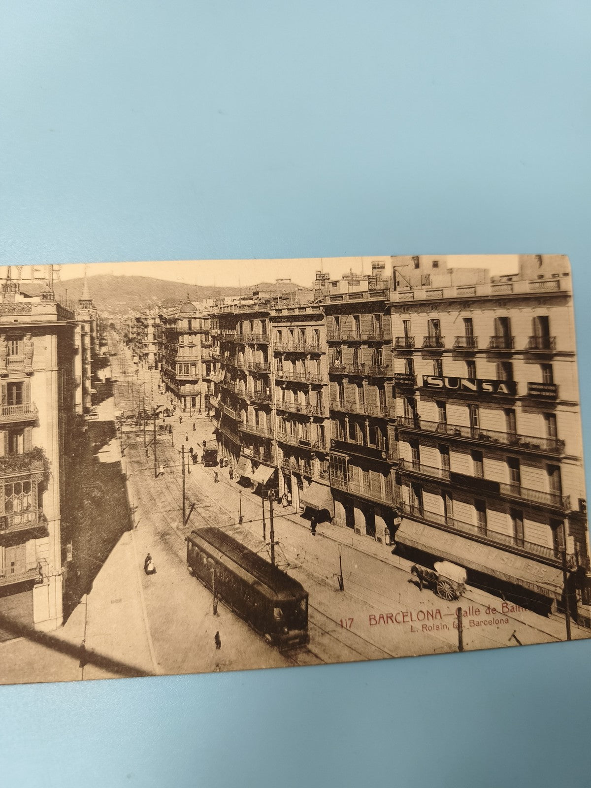 Ancienne carte postale animée Barcelone tramway Calle de Bailén vintage